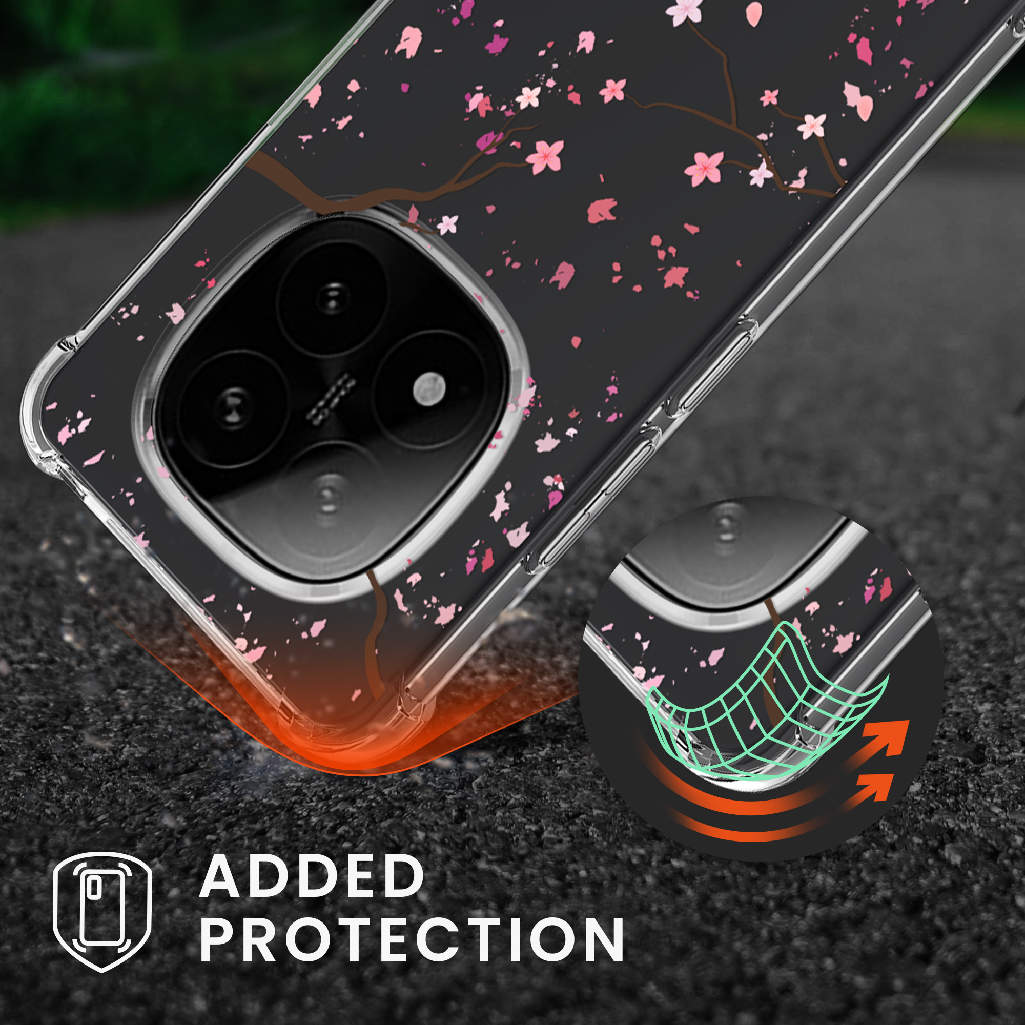 Kryt Xiaomi Redmi Note 14 Pro 5G crossbody popruh třešňové květy - růžová/tmavě hnědá kwmobile