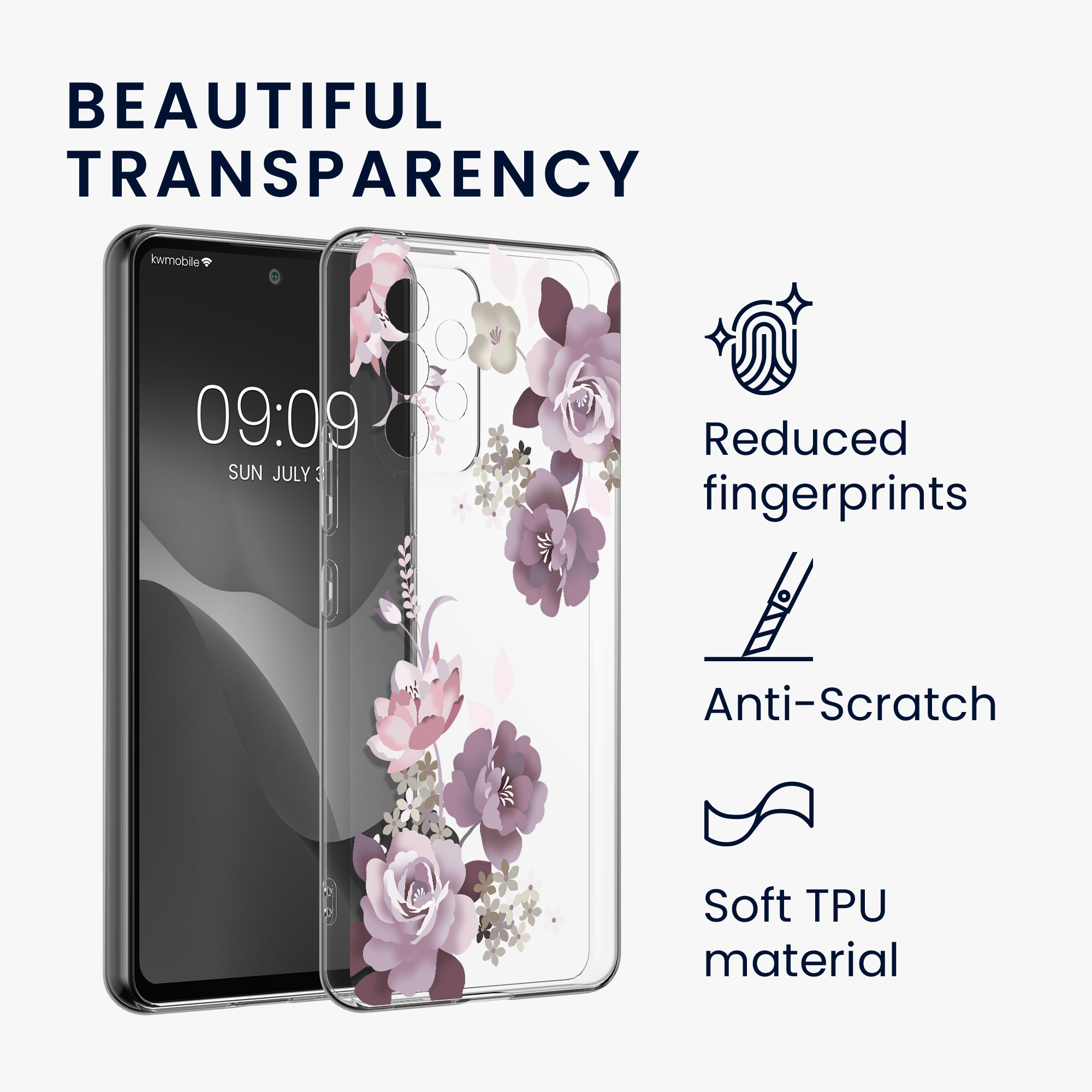 Průhledný kryt na mobil Samsung Galaxy A53 5G kwmobile motiv Flower Bouquets Flower Bouquets - pastelová fialová / transparentní