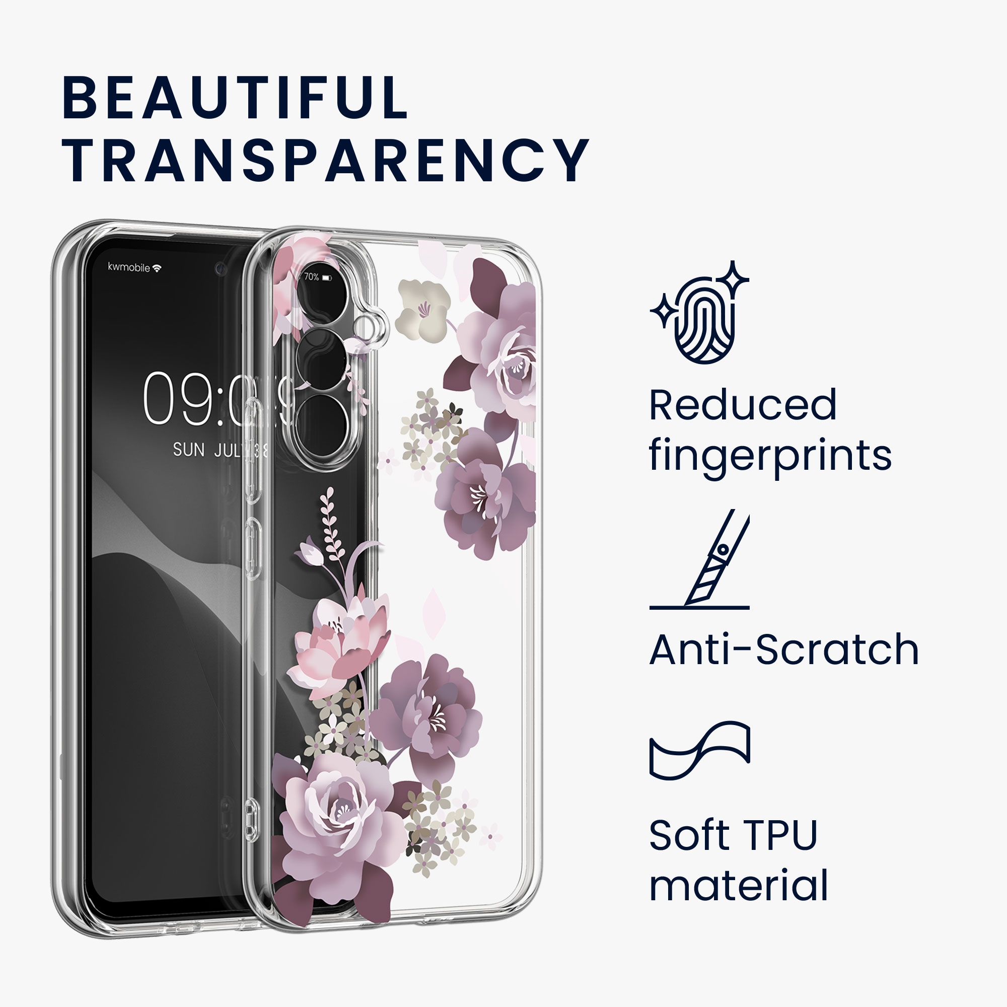 Průhledný kryt na mobil Samsung Galaxy A54 5G kwmobile motiv Flower Bouquets Flower Bouquets - pastelová fialová / transparentní