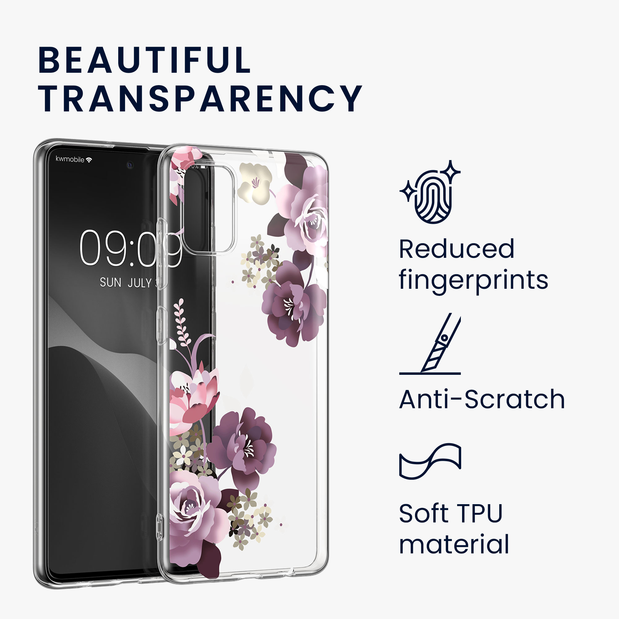 Průhledný kryt na mobil Samsung Galaxy A51 kwmobile motiv Flower Bouquets Flower Bouquets - pastelová fialová / transparentní