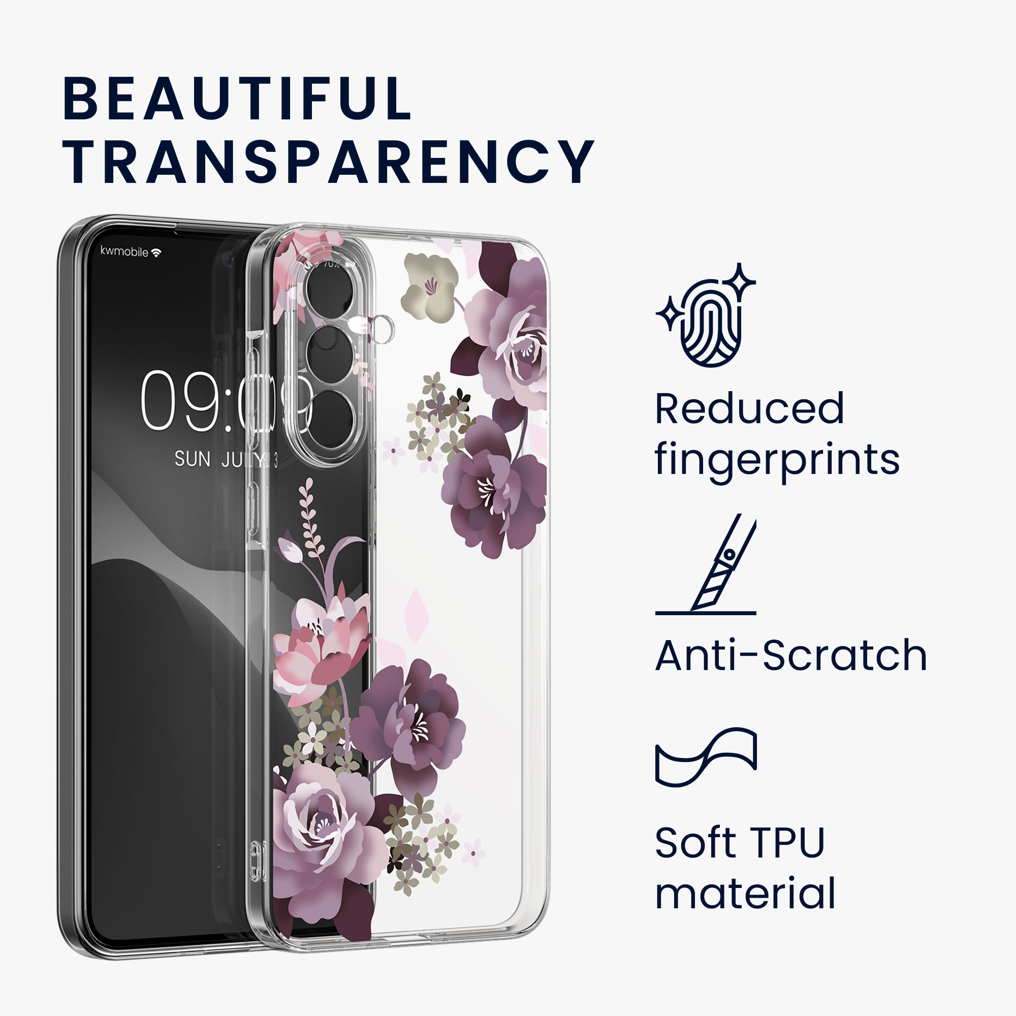 Průhledný kryt na mobil Samsung Galaxy A36 5G kwmobile motiv Flower Bouquets Flower Bouquets - pastelová fialová / transparentní