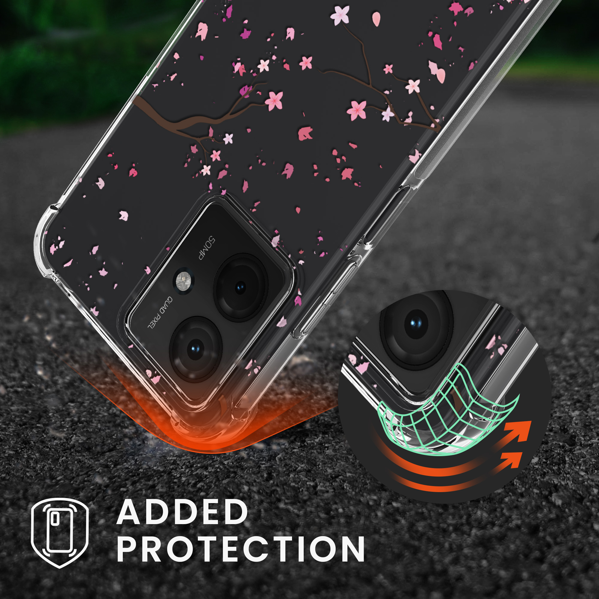 Kryt s popruhem kwmobile pro Motorola Moto G14 - Růžové třešňové květy / tmavě hnědá / transparentní