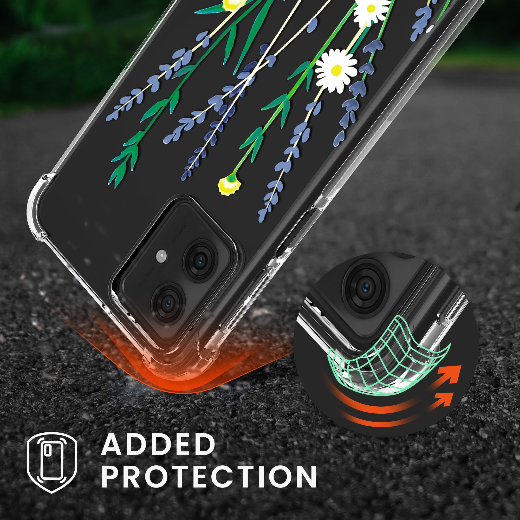 Kryt s popruhem kwmobile pro Motorola Moto G54 5G - Levandulové luční květy / zelená / transparentní