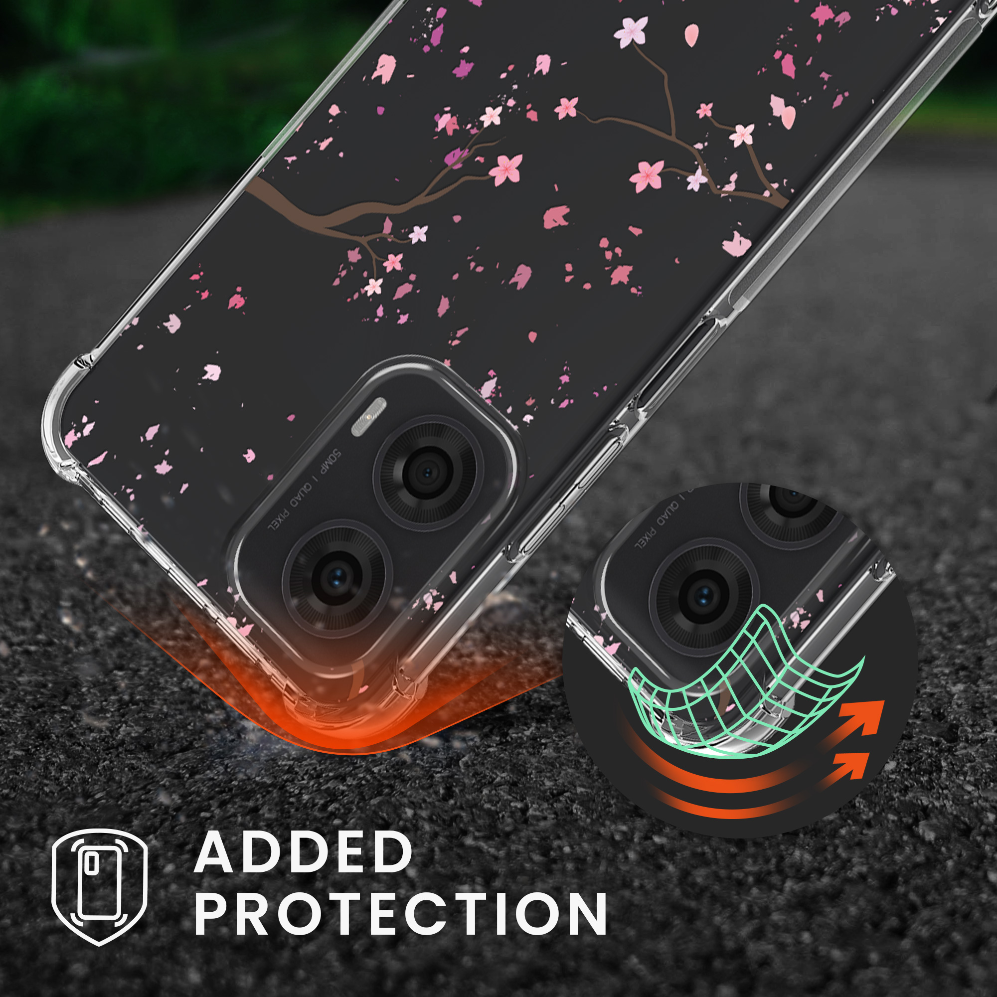 Kryt s popruhem kwmobile pro Motorola Moto G24 / E14 / G04 / G04s - Růžové třešňové květy / tmavě hnědá / transparentní