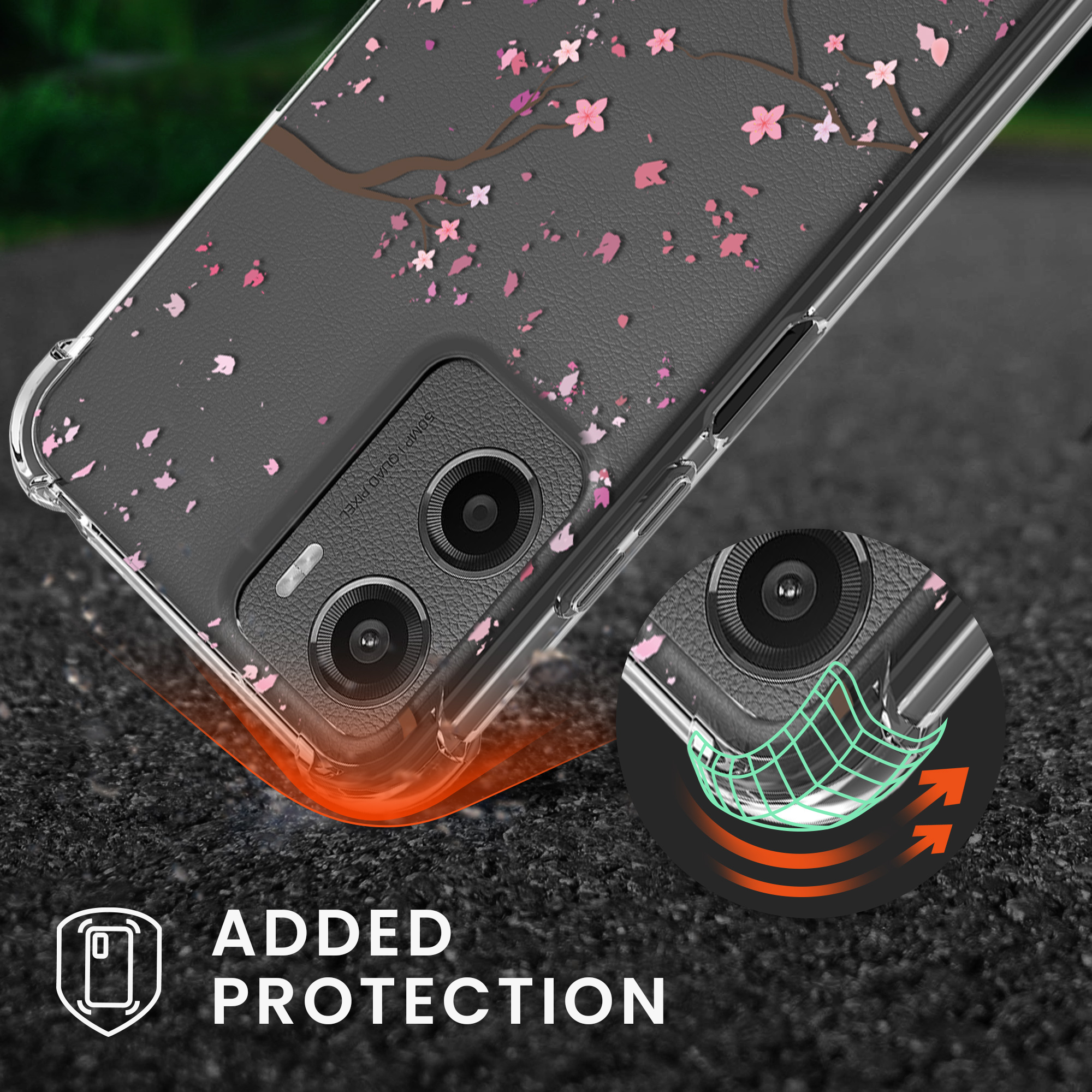 Kryt s popruhem kwmobile pro Motorola Moto G05 / Moto E15 - Růžové třešňové květy / tmavě hnědá / transparentní