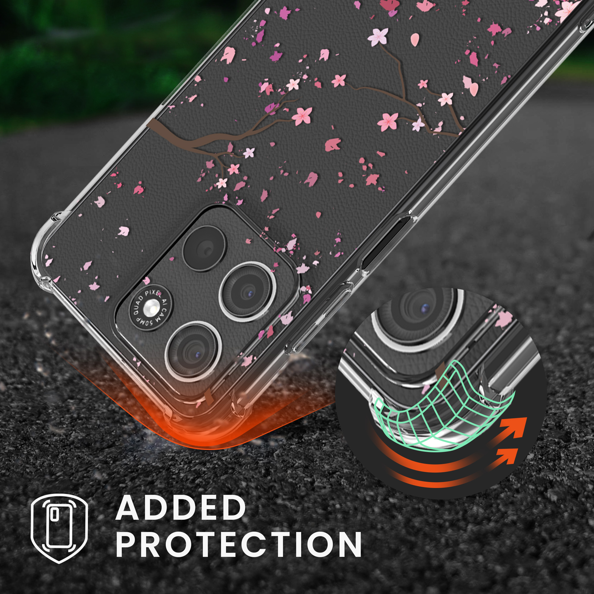 Kryt s popruhem kwmobile pro Motorola Moto G15 - Růžové třešňové květy / tmavě hnědá / transparentní