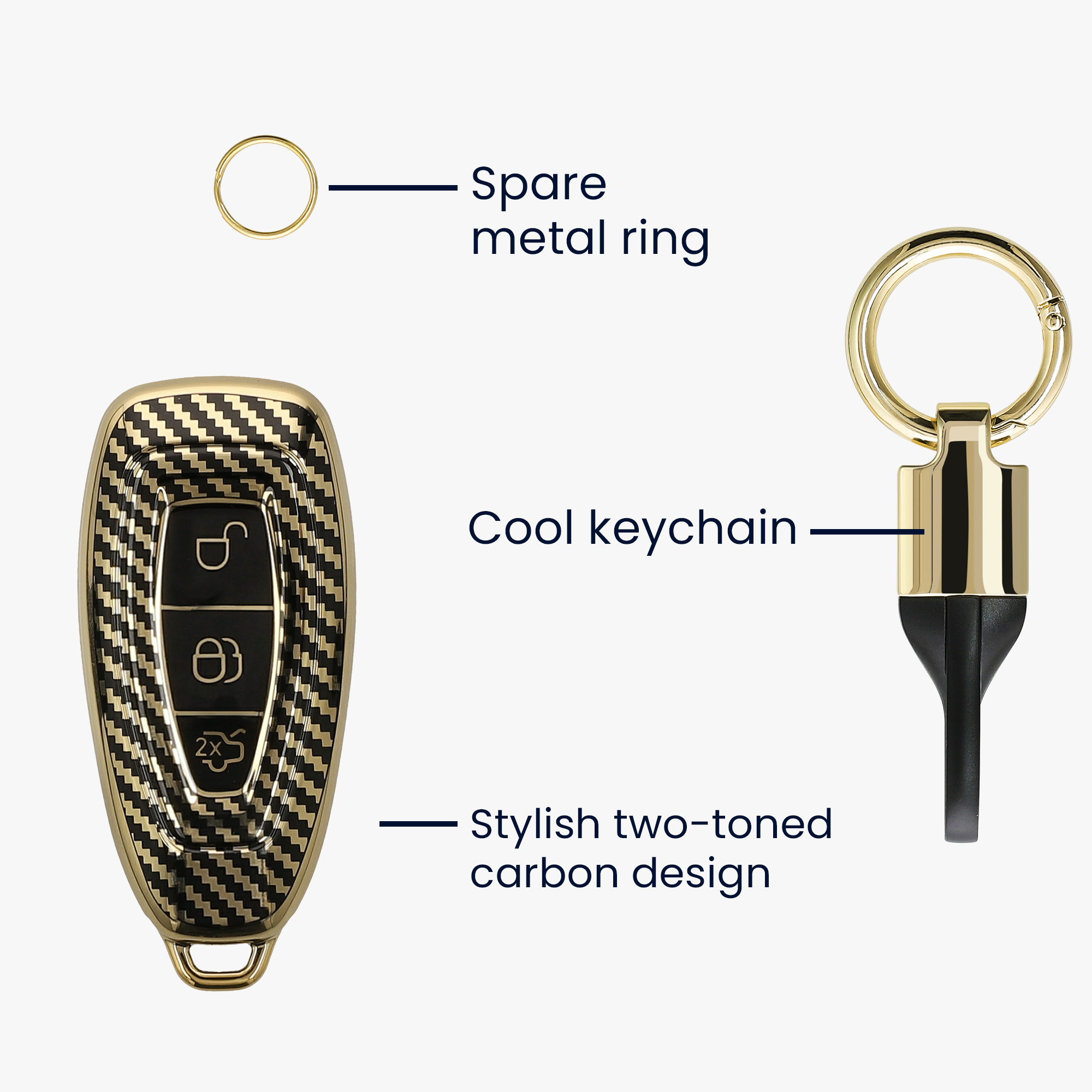 Kryt klíče Ford 3 tlačítka Keyless Go kwmobile, metalický karbon, zlatá / černá