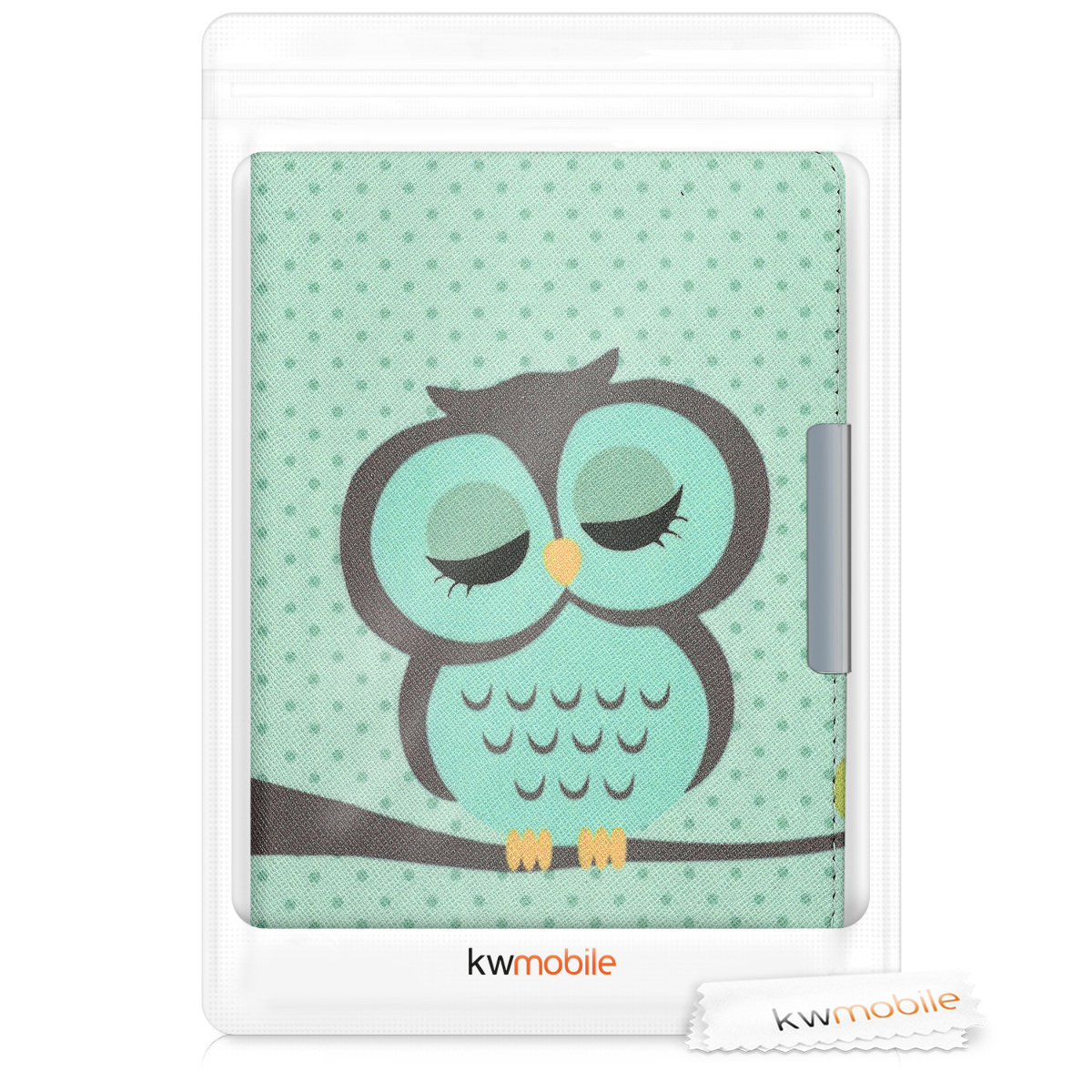 Pouzdro na čtečku kwmobile pro Tolino Vision 1 / 2 / 3 / 4 HD - motiv Sleeping Owl, tyrkysová / hnědá / mint