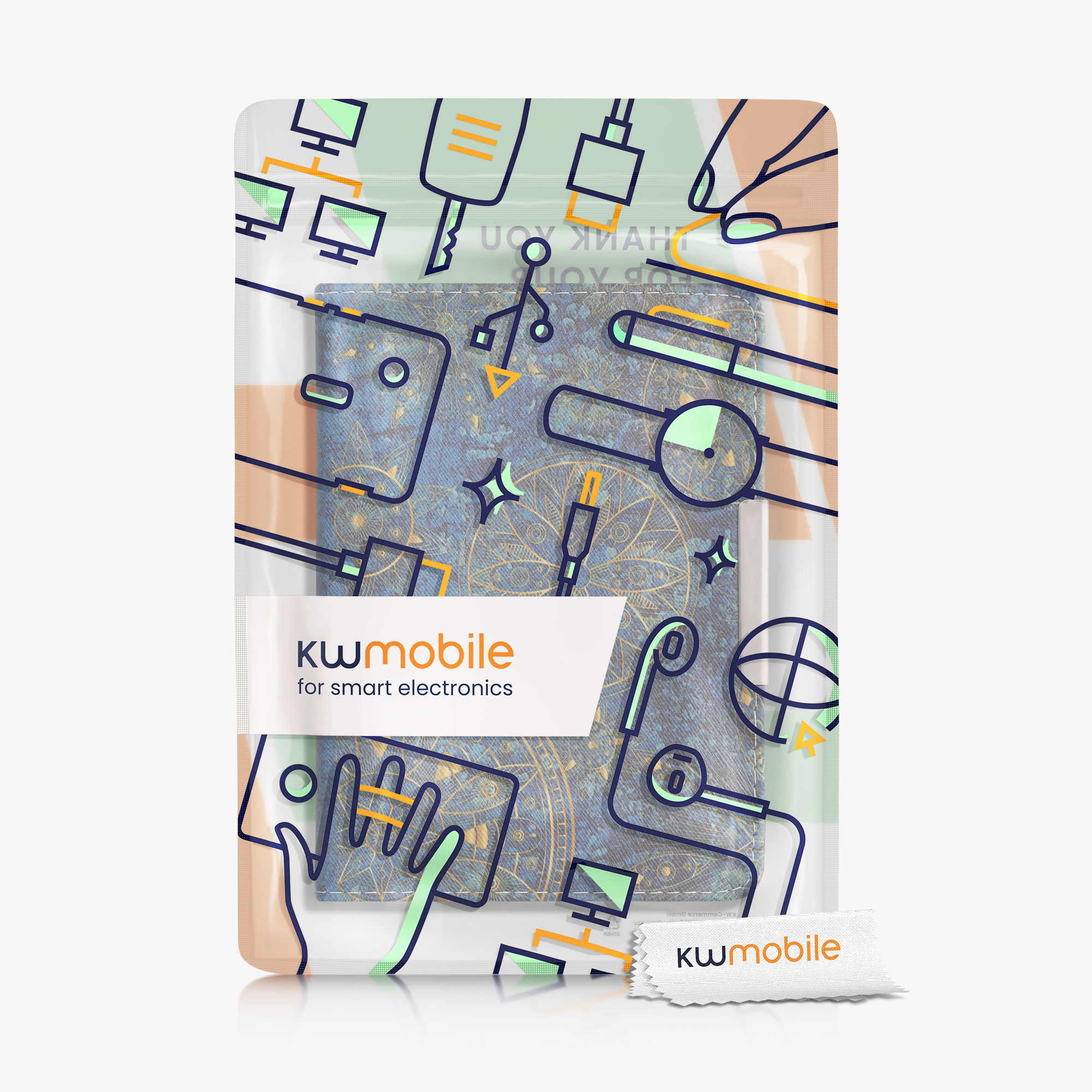 Pouzdro na čtečku kwmobile pro Tolino Vision 1 / 2 / 3 / 4 HD - motiv Golden Mandalas, žlutá / tmavě modrá