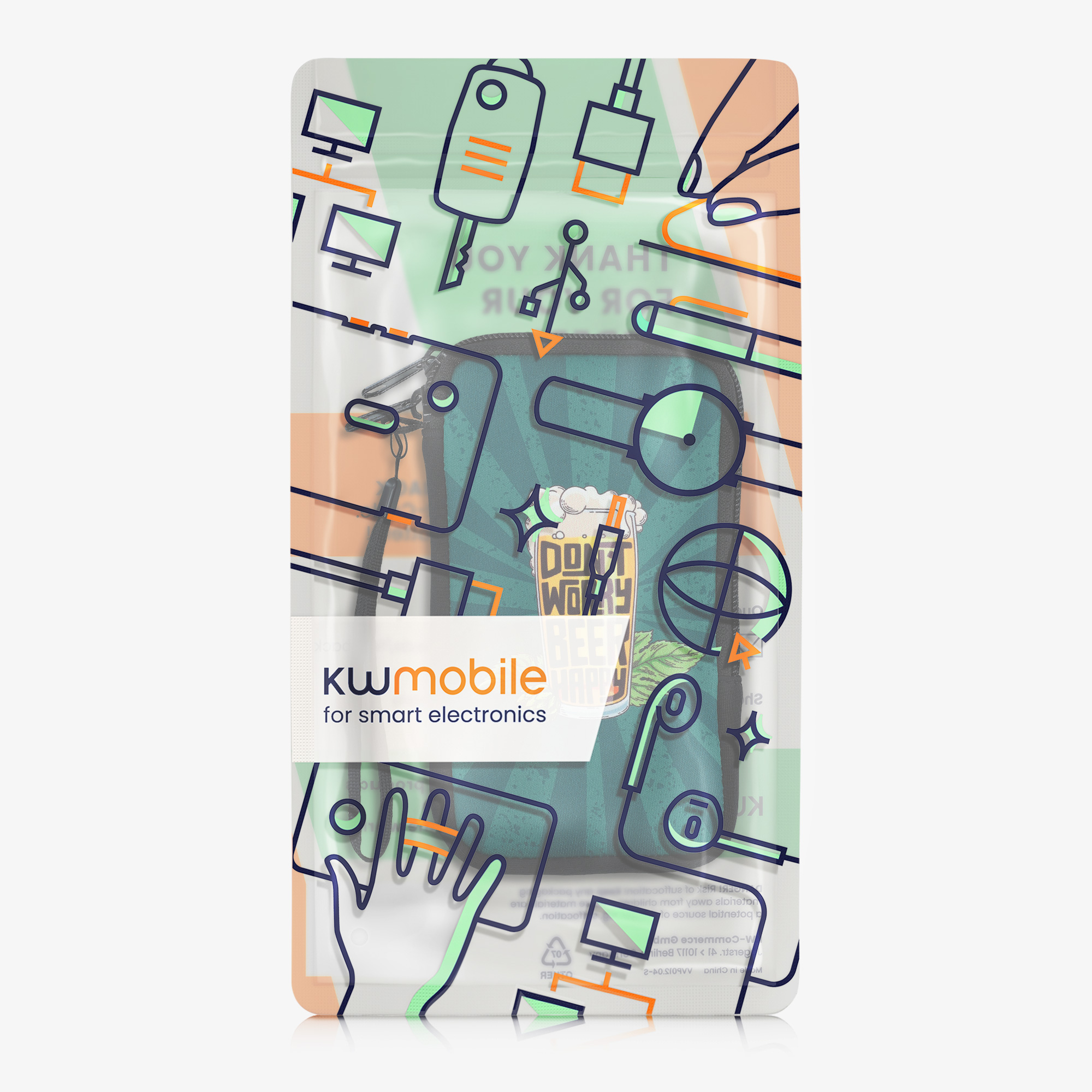 kwmobile univerzální pouzdro na mobil L 6.5", neopren, Don't Worry Beer Happy oranžová / zelená / petrol