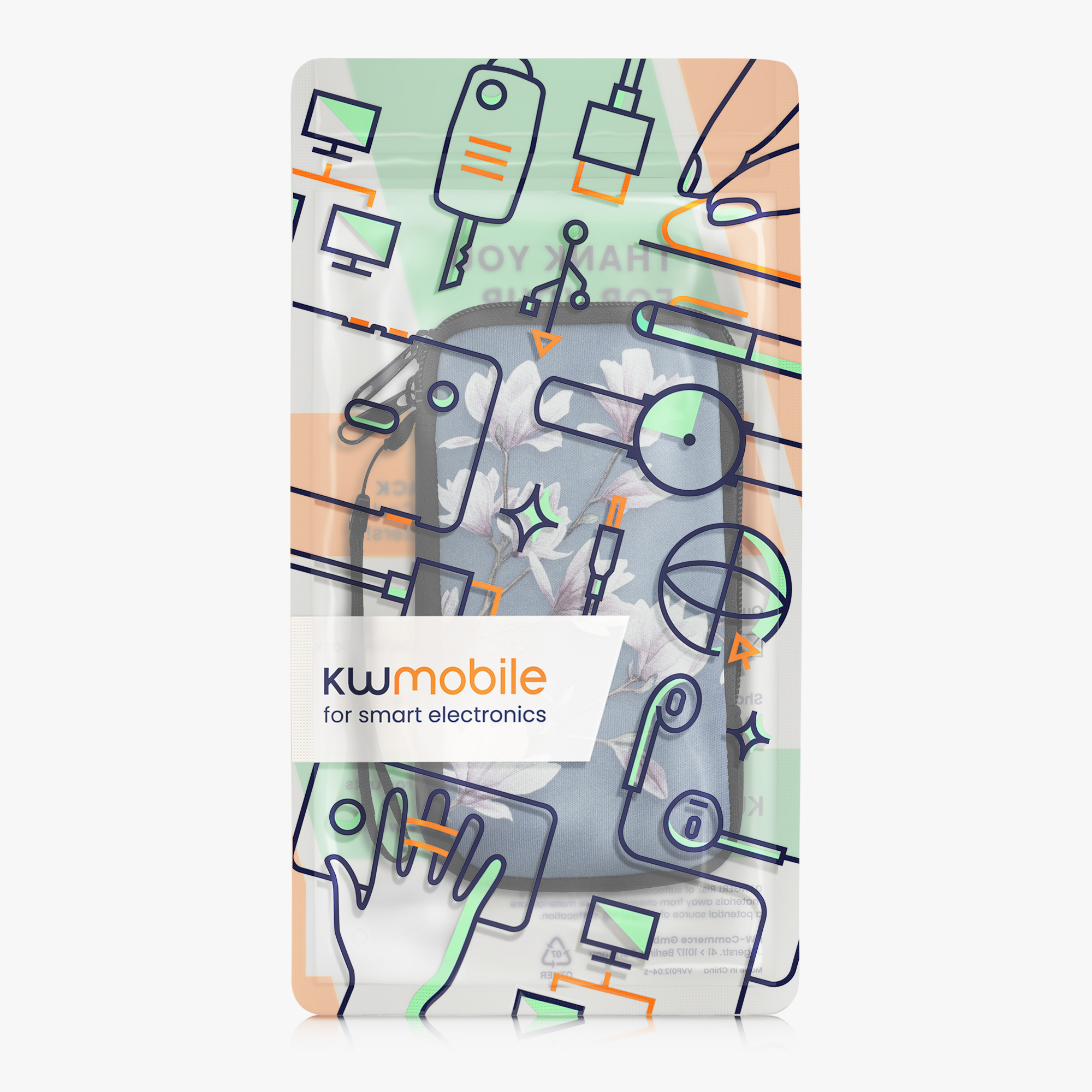 Univerzální pouzdro na mobil kwmobile - XL - 17,2 x 8,4 cm (6.7/6.8") - motiv magnólie - taupe / bílá / modrošedá
