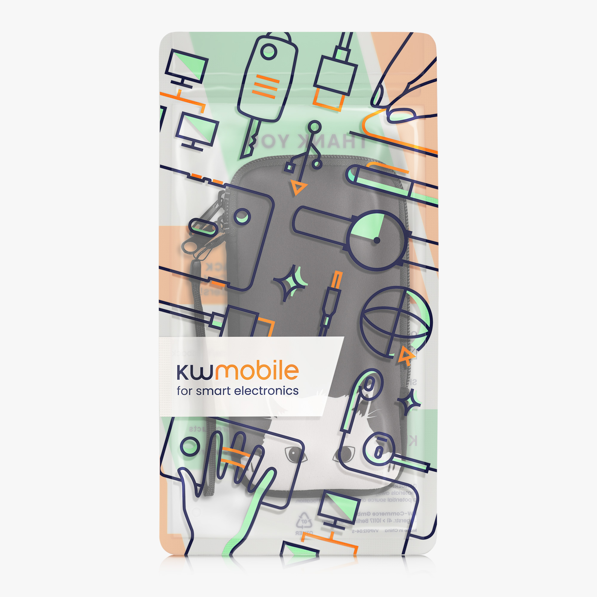 Univerzální pouzdro kwmobile na mobil XXL - 7" - motiv Curious Cat - černá / bílá