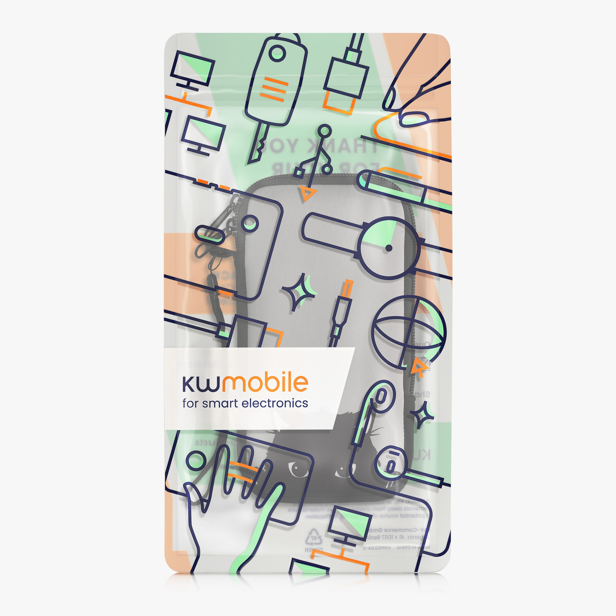 Univerzální pouzdro kwmobile na mobil XXL - 7" - motiv Curious Cat - šedá / černá