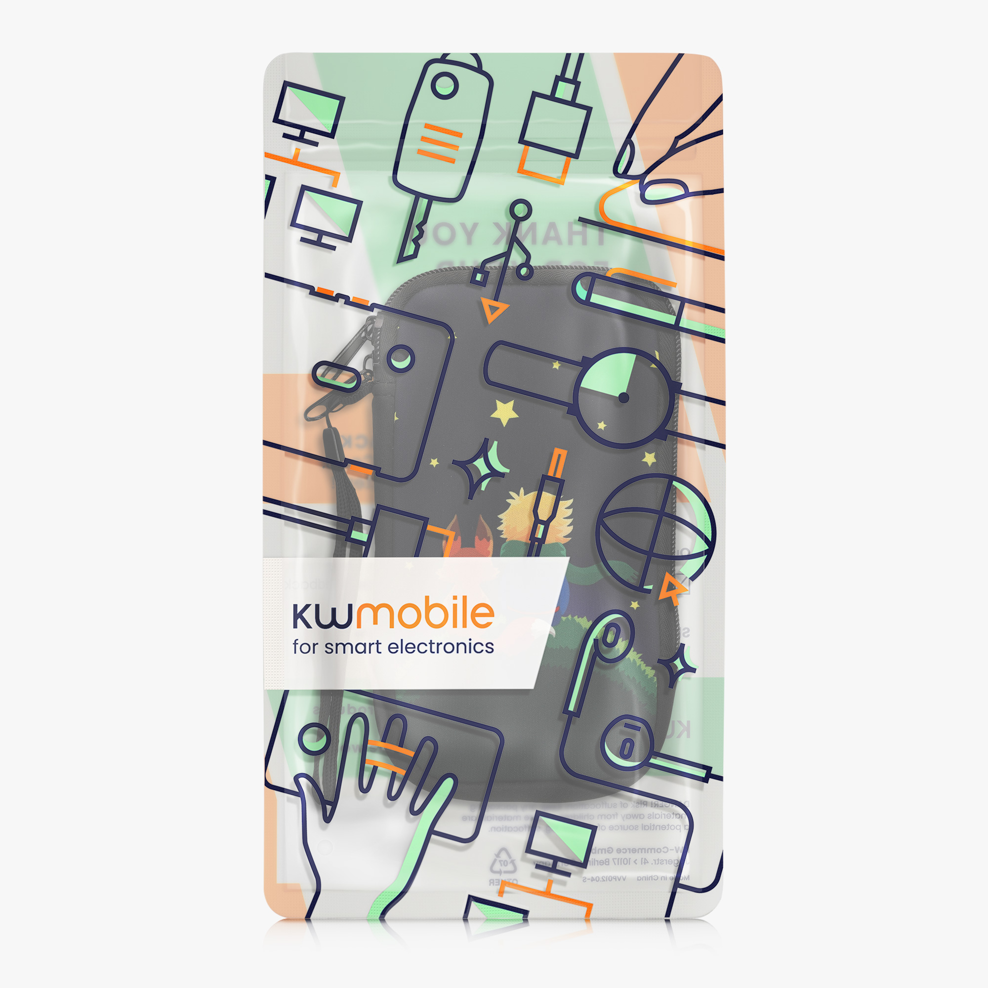 Univerzální pouzdro kwmobile na mobil XL 6,7/6,8" (17,2 x 8,4 cm) - motiv chlapec s liškou, žlutá / hnědá / tmavě modrá