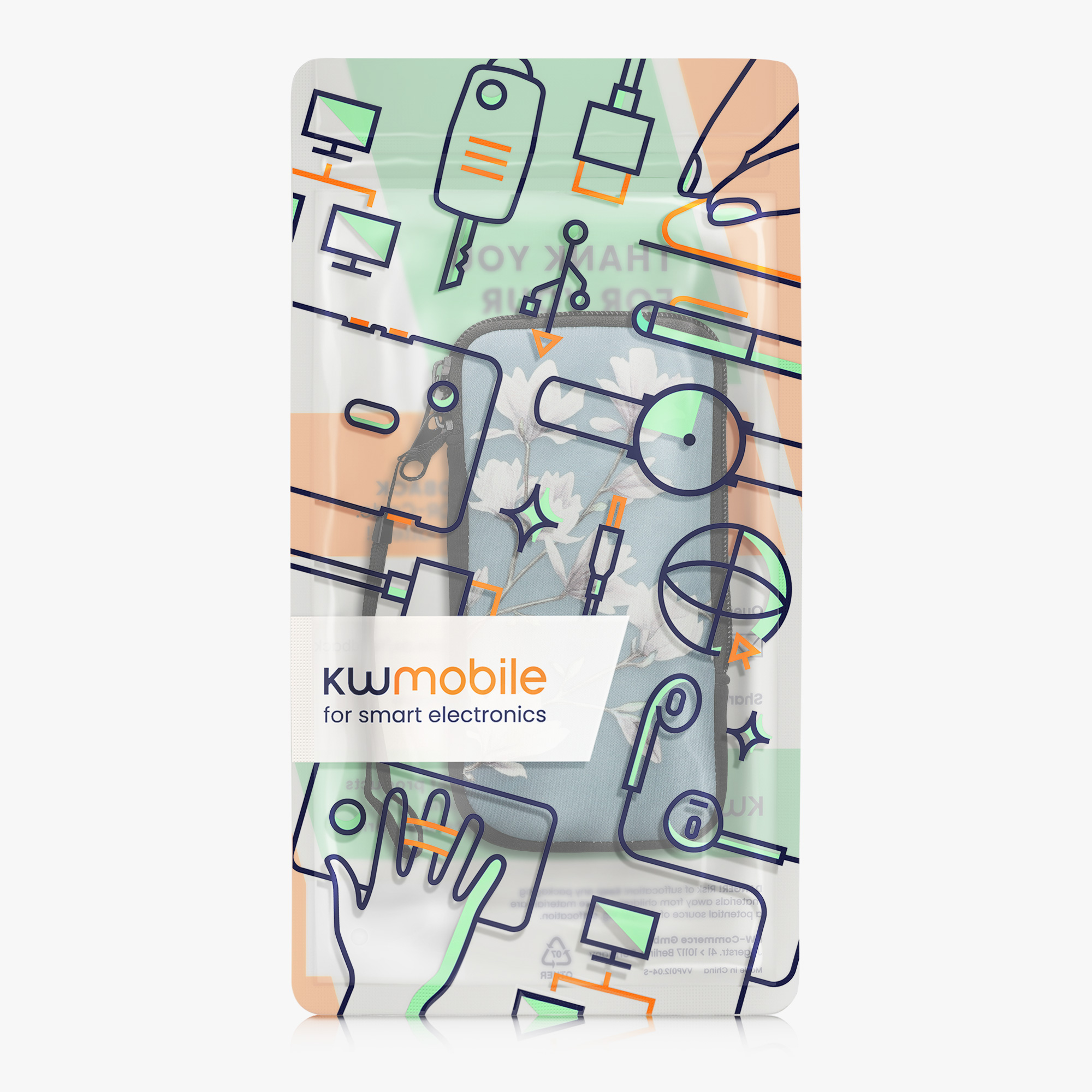 Univerzální pouzdro kwmobile na mobil XXL - 7" - motiv Magnolias - taupe / bílá / modrošedá