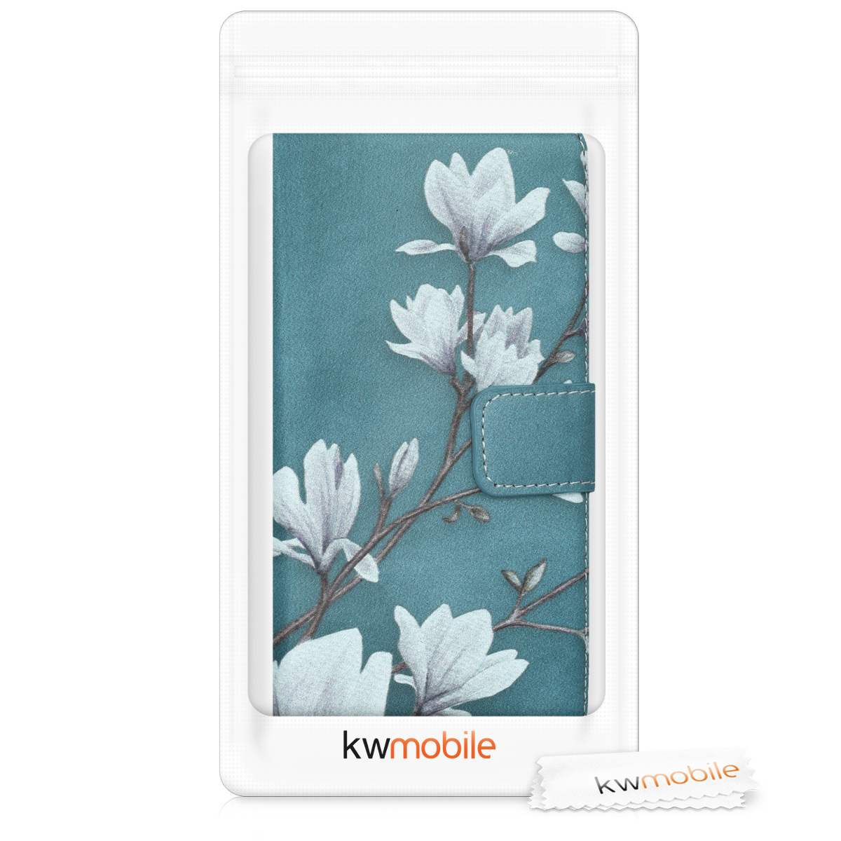 Flipové pouzdro kwmobile pro Huawei P10 Lite, motiv magnólie, taupe / bílá / modrošedá