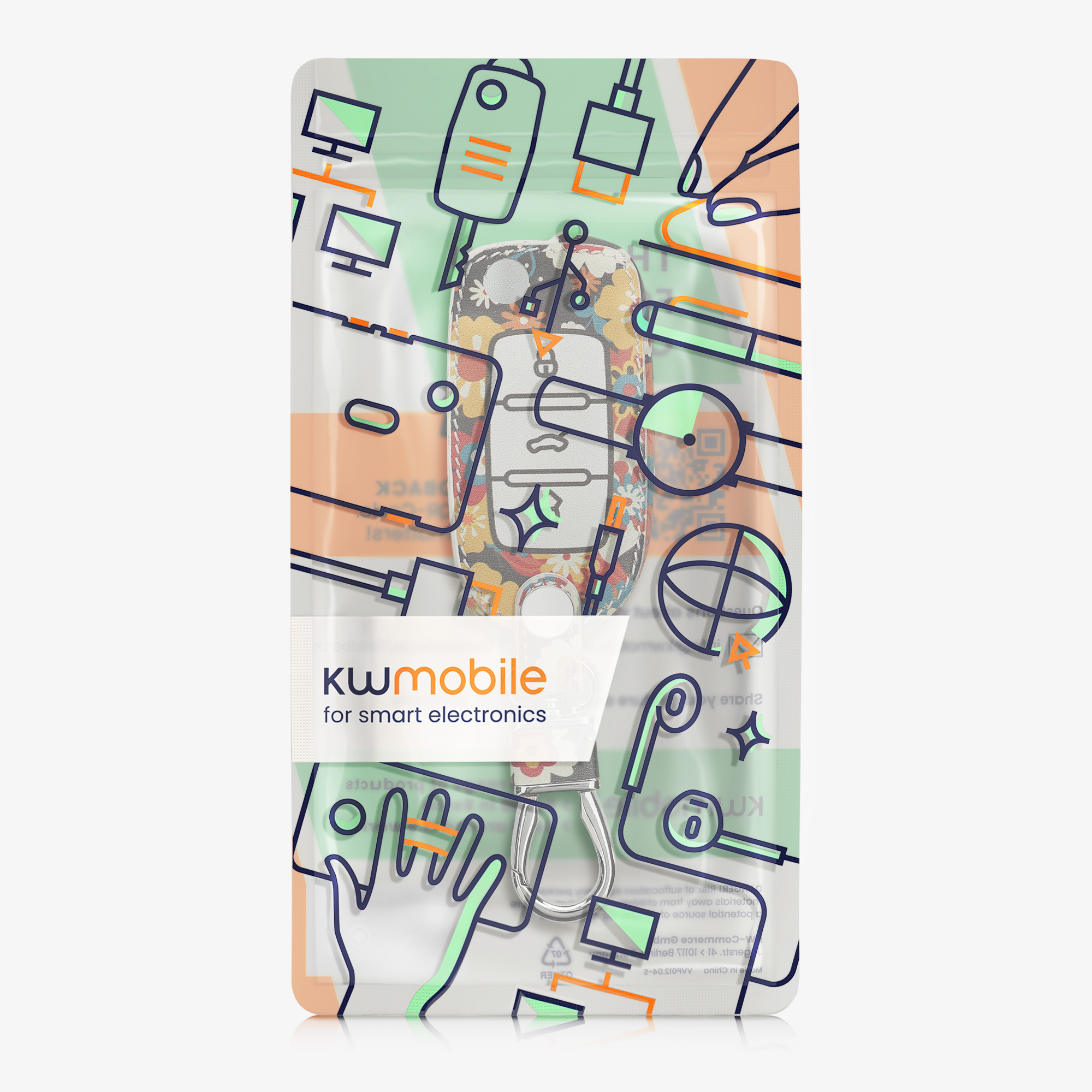 Pouzdro na klíč od auta kwmobile pro VW / Škoda / SEAT 3 tlačítkový klíč - oranžové vintage květy / červená / bílá