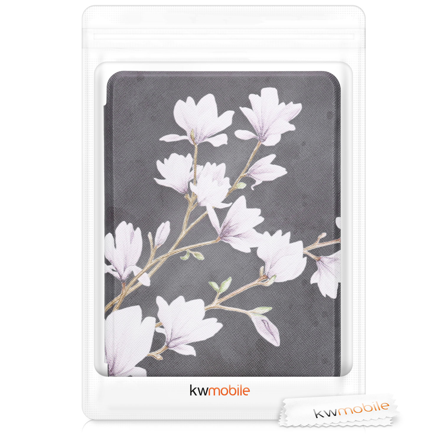 Flip pouzdro na čtečku s magnetem Kobo Clara HD Magnolias taupe-bílo-tmavě šedý se stojánkem
