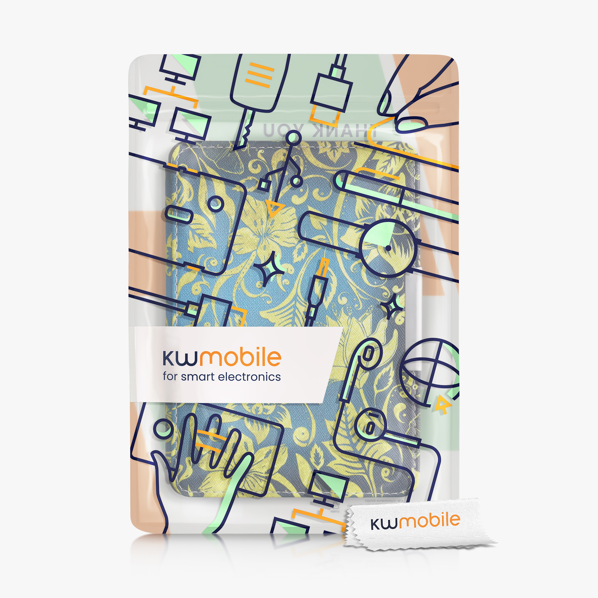 Pouzdro na čtečku kwmobile Kindle Paperwhite - Vintage zlatá Flowers - žlutá / modrá / tmavě modrá