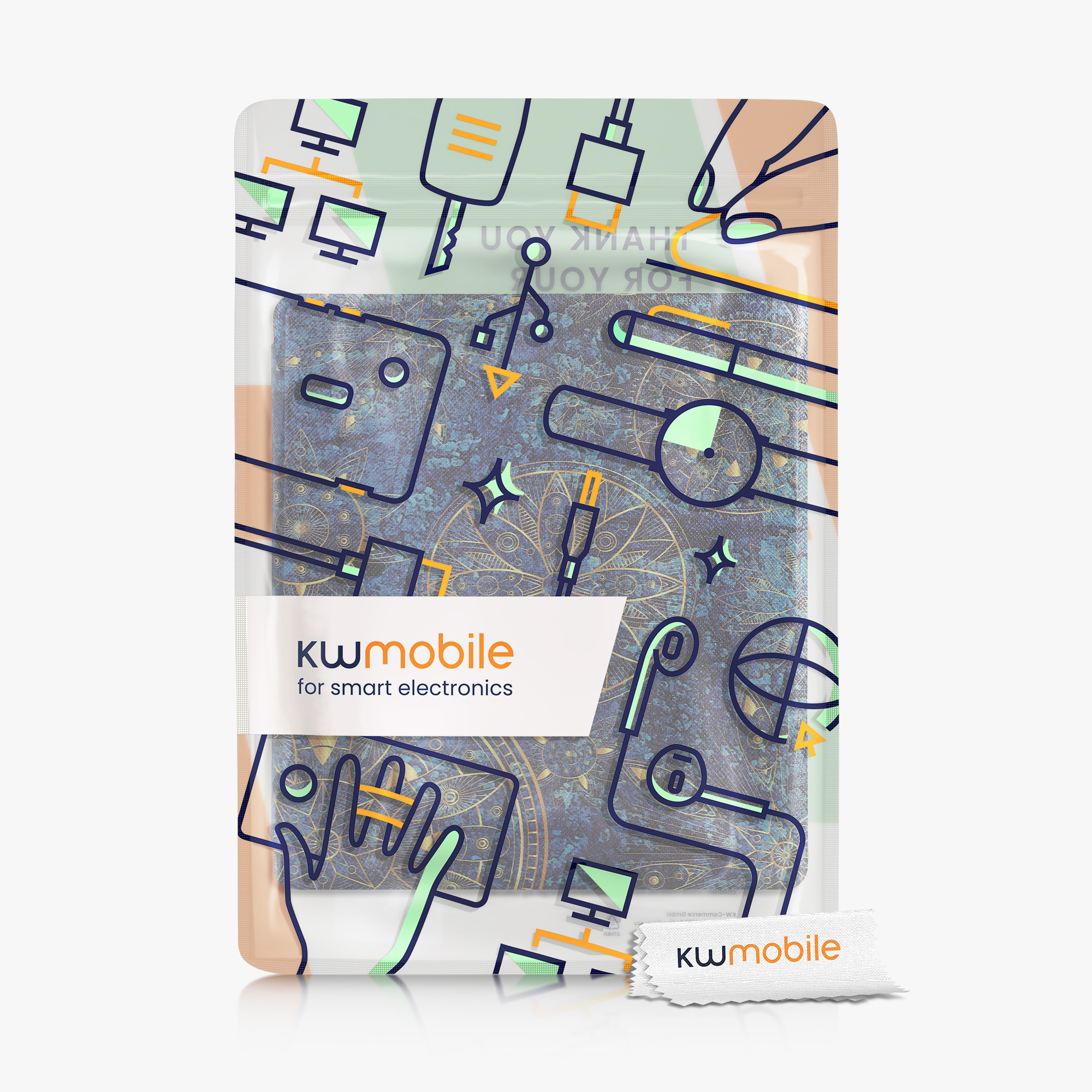 Pouzdro na čtečku kwmobile pro Amazon Kindle Oasis 10. Generation - motiv zlaté mandaly žlutá / tmavě modrá