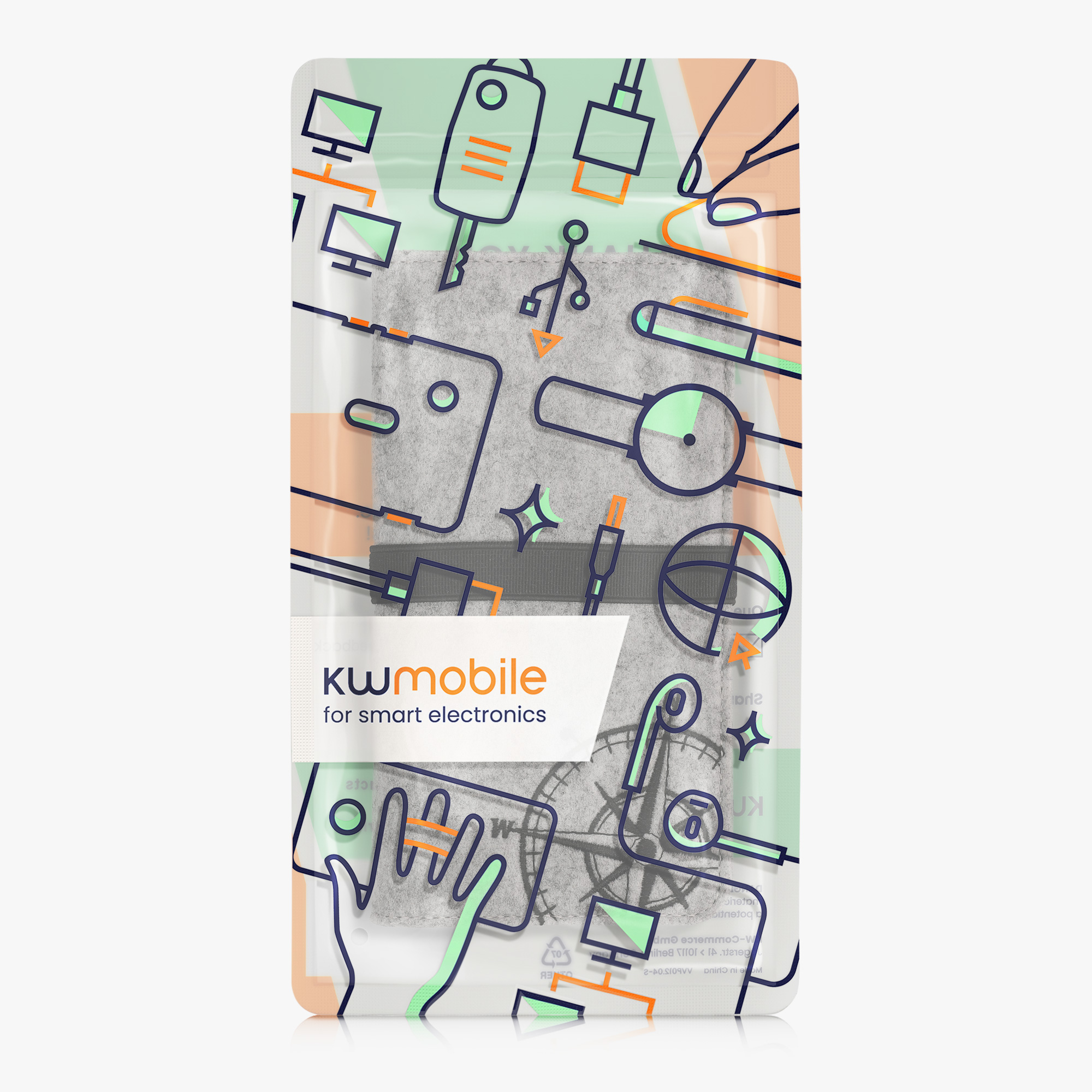 kwmobile univerzální pouzdro na mobil L 6.5", plsť, kompas černá / světle šedá