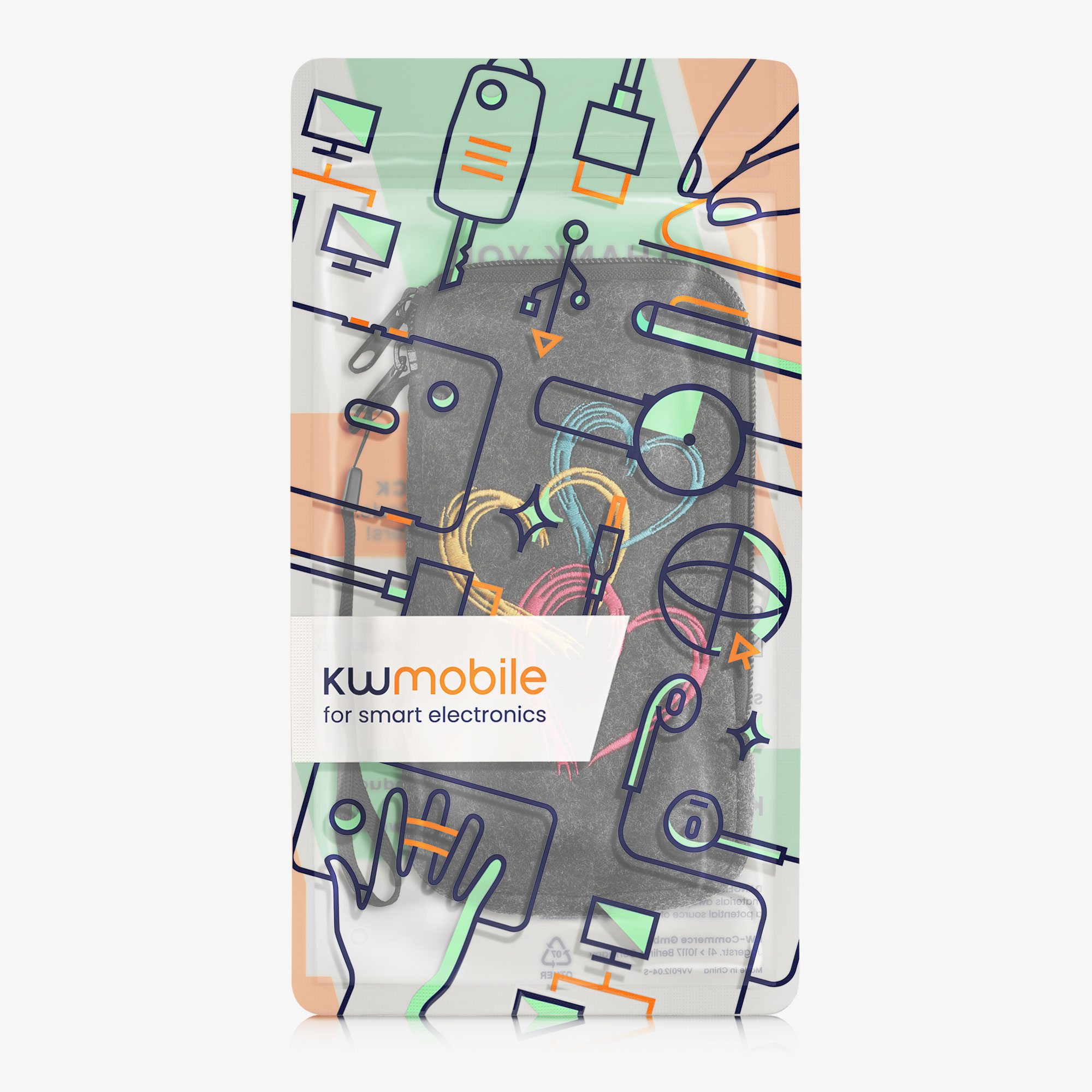 Univerzální pouzdro kwmobile na mobil XL 6,7/6,8" (17,2 x 8,4 cm) - motiv abstraktní malované srdce, tmavě růžová / oranžová / tmavě šedá