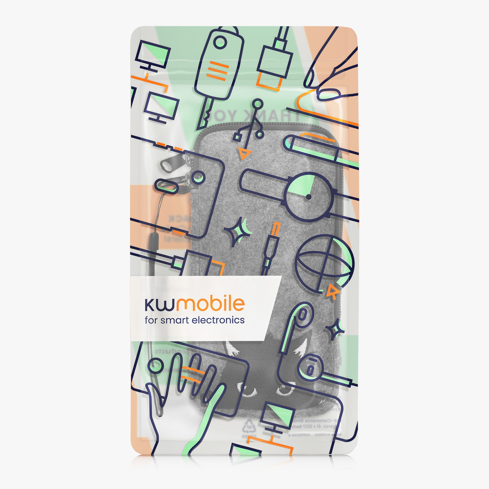Univerzální pouzdro kwmobile na mobil XXL - 7" - motiv Curious Cat - šedá / černá