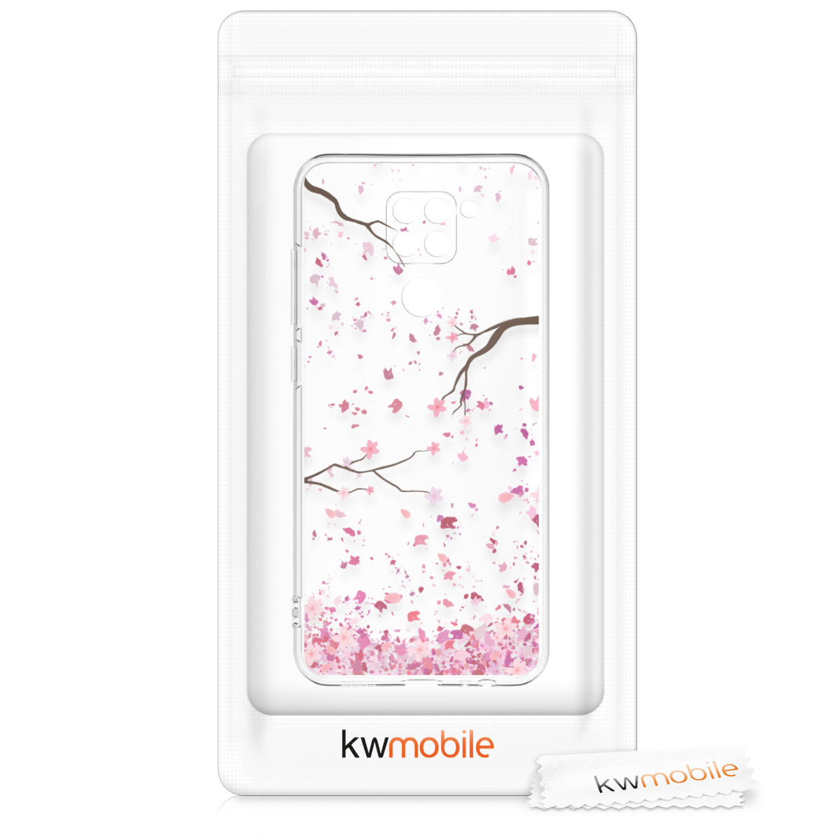Transparentní TPU kryt kwmobile pro Xiaomi Redmi Note 9 - růžové květy / tmavě hnědá / transparentní
