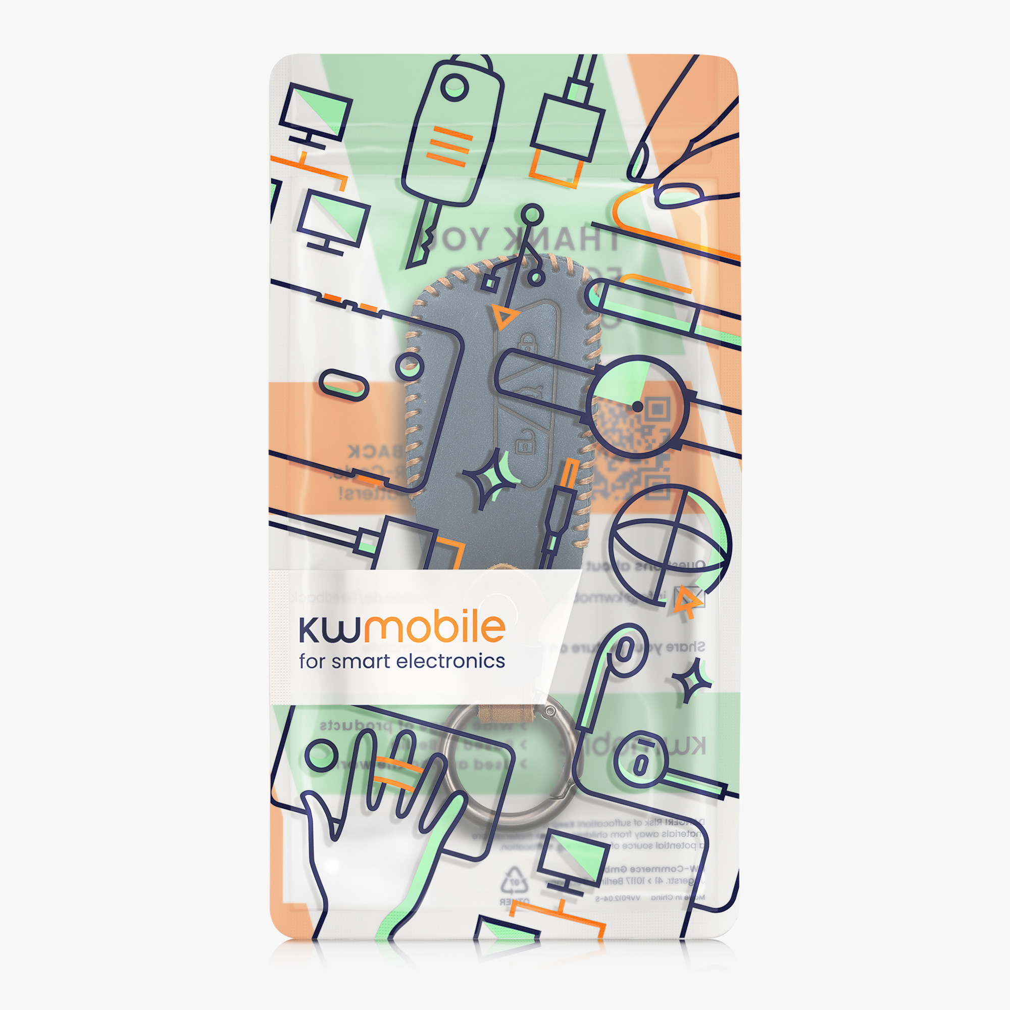 Pouzdro na klíč od auta kwmobile pro VW Golf 8, ID.3/ID.4/ID.5/ID.7, Seat/Škoda/Cupra - tmavě modrá / světle hnědá