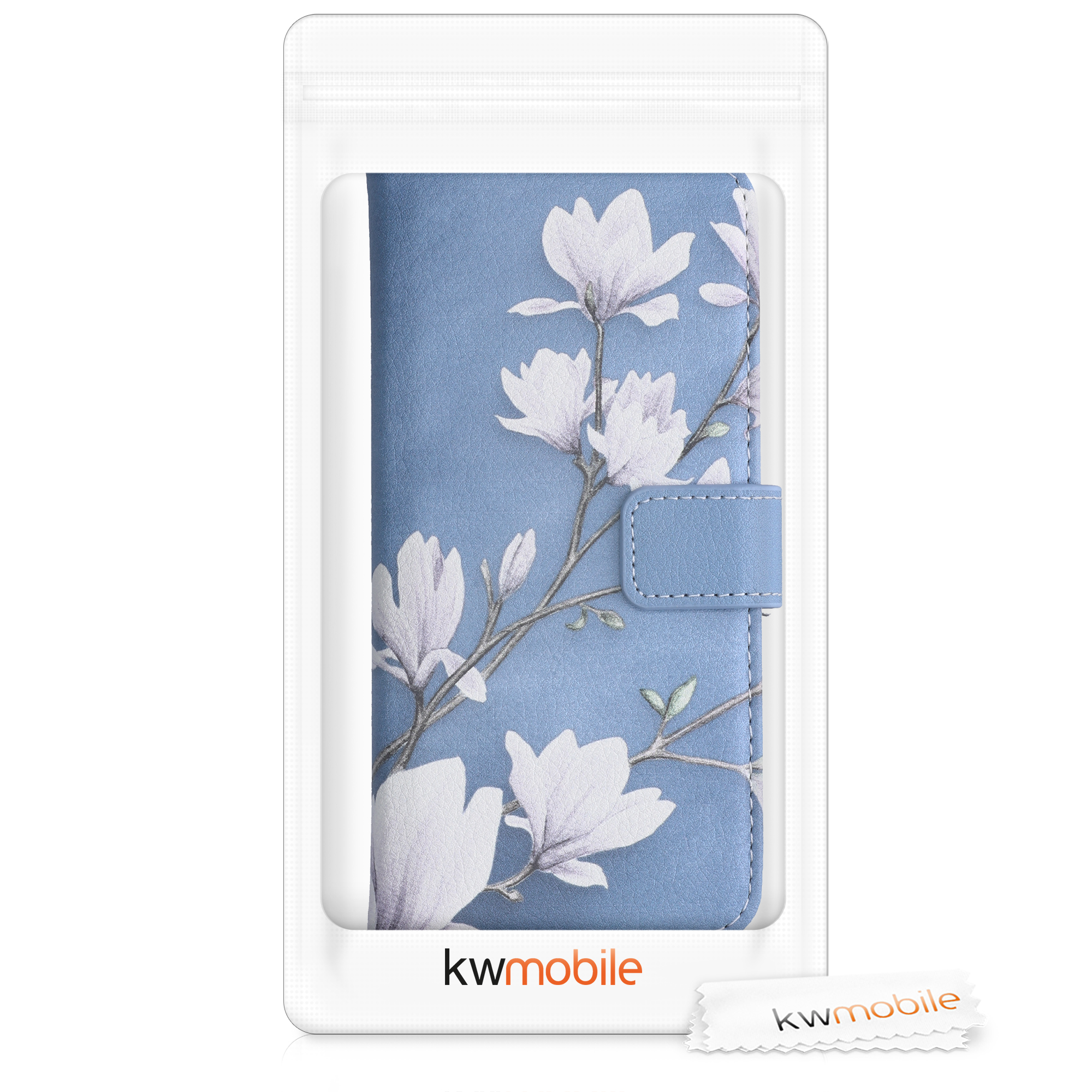 Wallet pouzdro peněženka Samsung Galaxy A52 / A52 5G / A52s 5G kwmobile Magnolias Magnolias - taupe / bílá / modrošedá