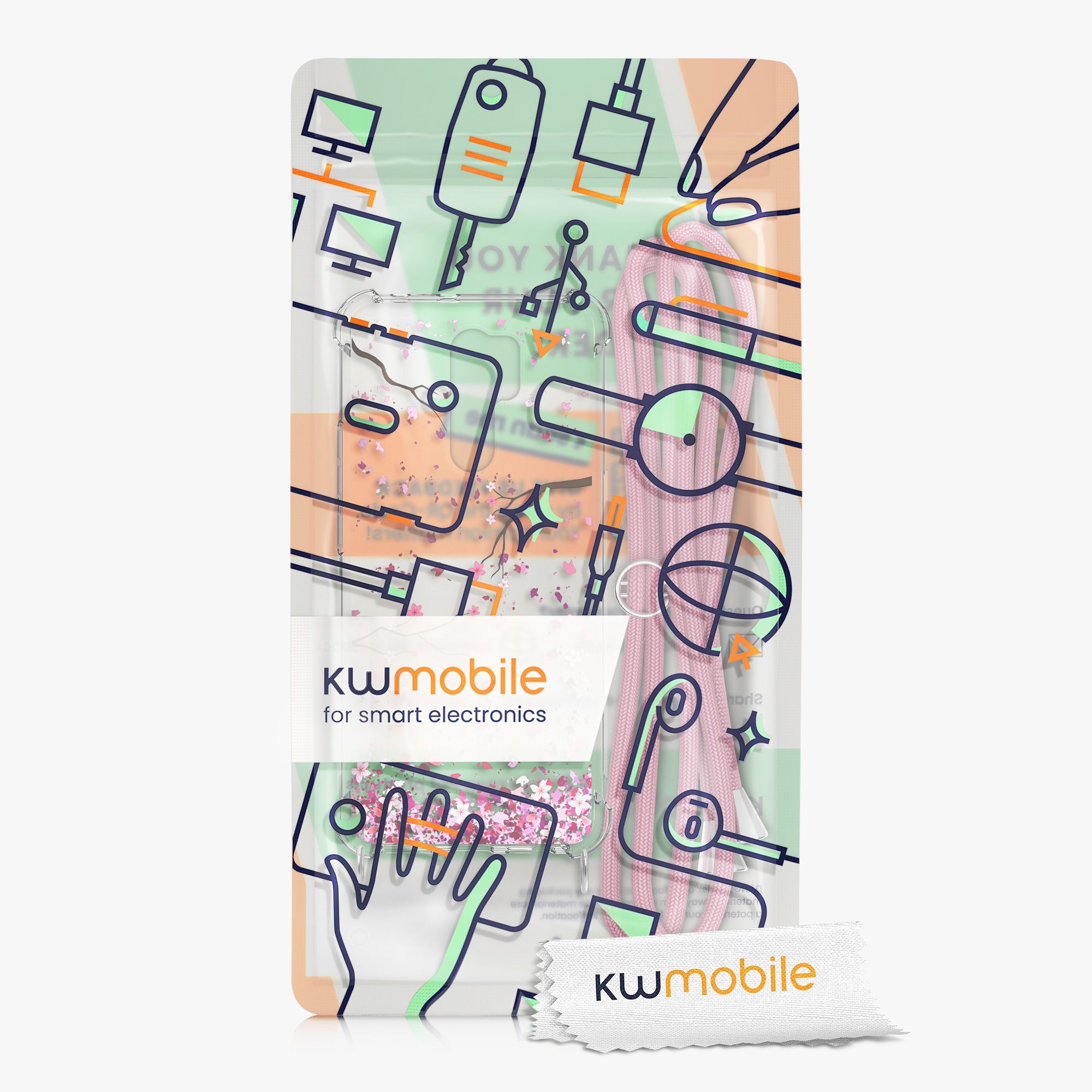 Kryt Xiaomi Redmi 9 crossbody popruh třešňové květy - růžová/tmavě hnědá kwmobile