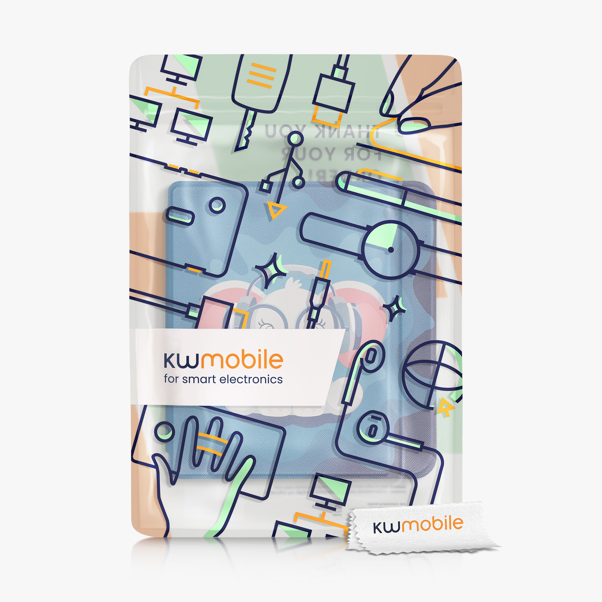 Pouzdro na čtečku kwmobile pro Tolino Vision 6 - motiv Cute Elephant, světle modrá / tmavě modrá / šedá