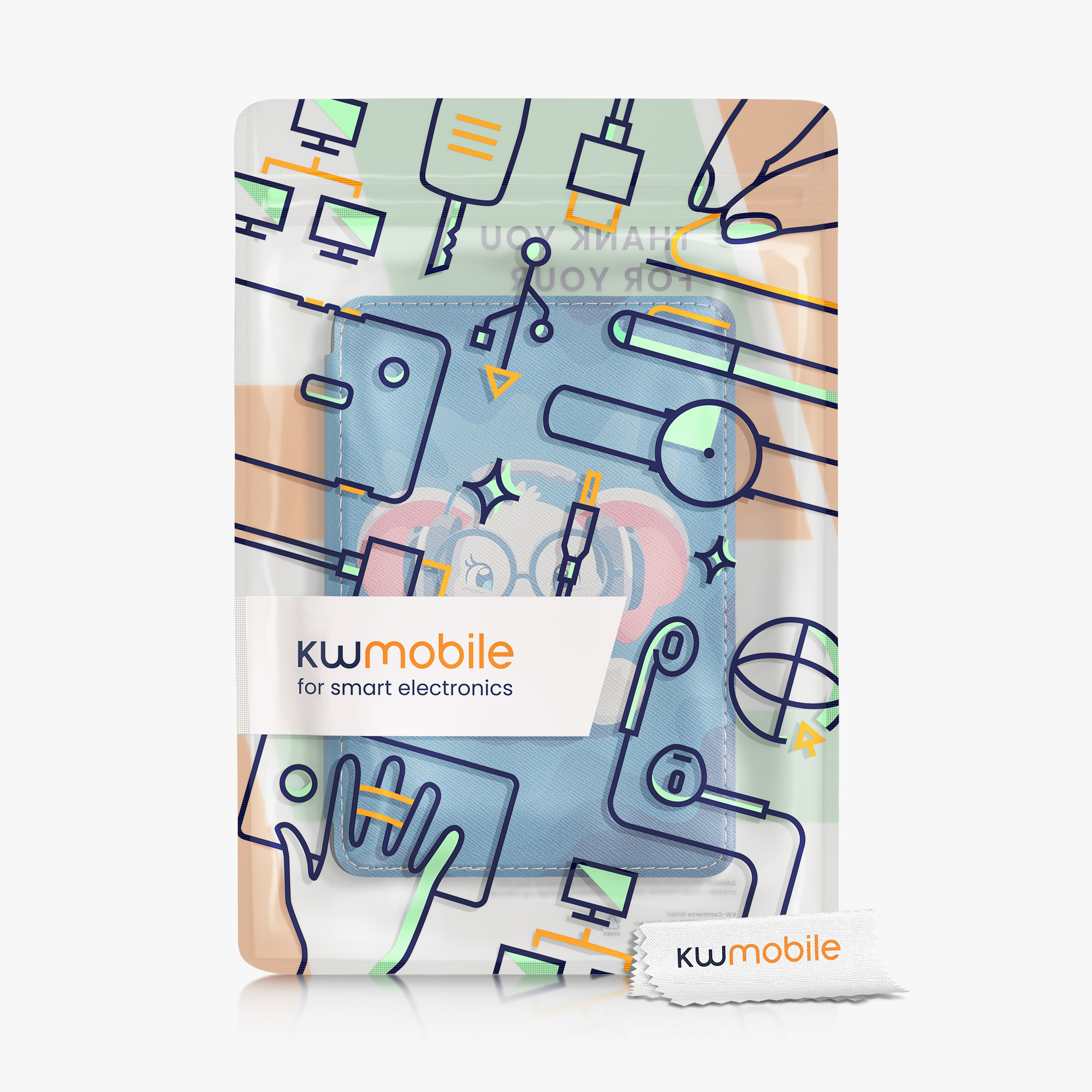 Pouzdro na čtečku kwmobile pro Amazon Kindle (2022/2024) - motiv slon světle modrá / tmavě modrá / šedá