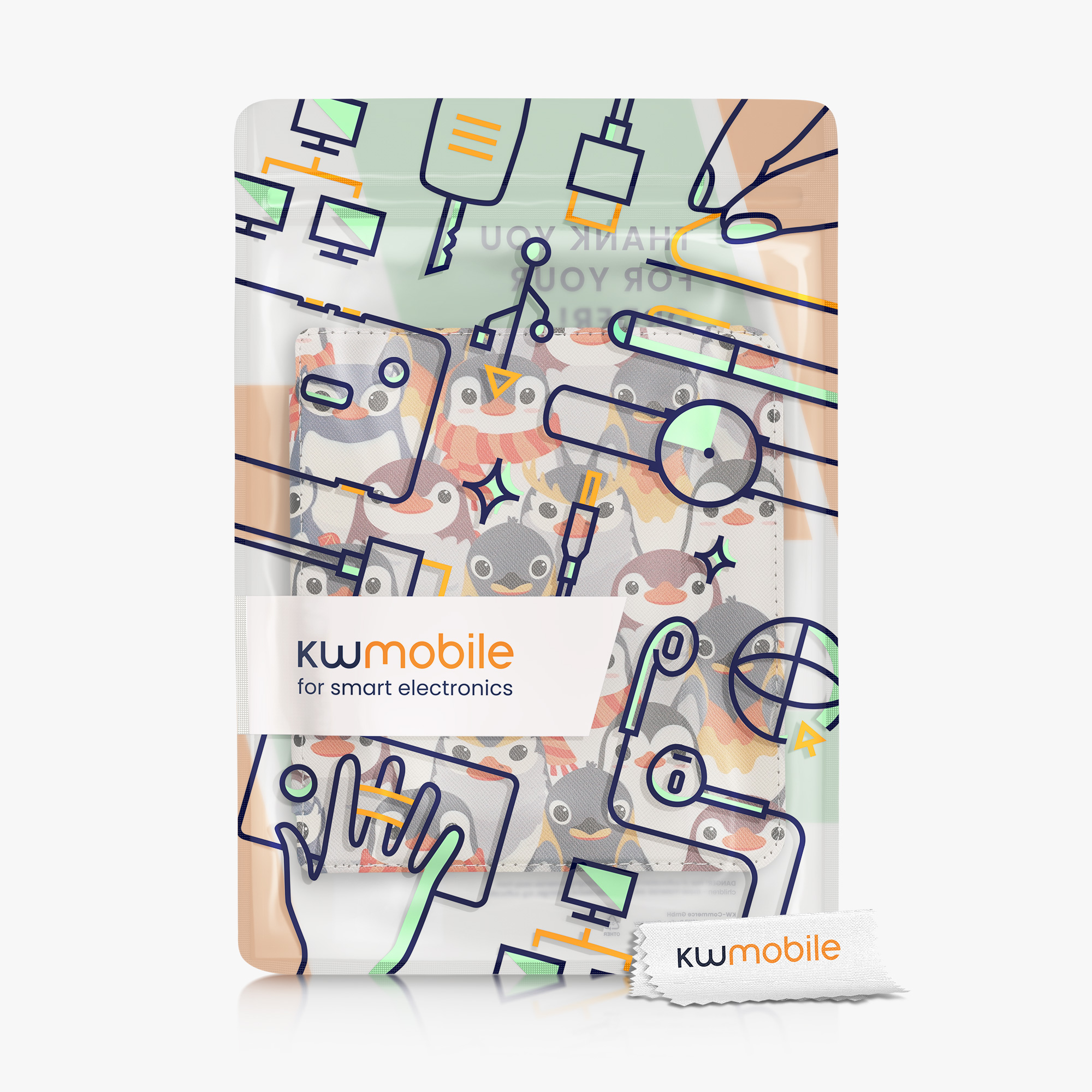 kwmobile pouzdro na čtečku Kobo Libra 2, Penguins with šedá / žlutá / hnědá