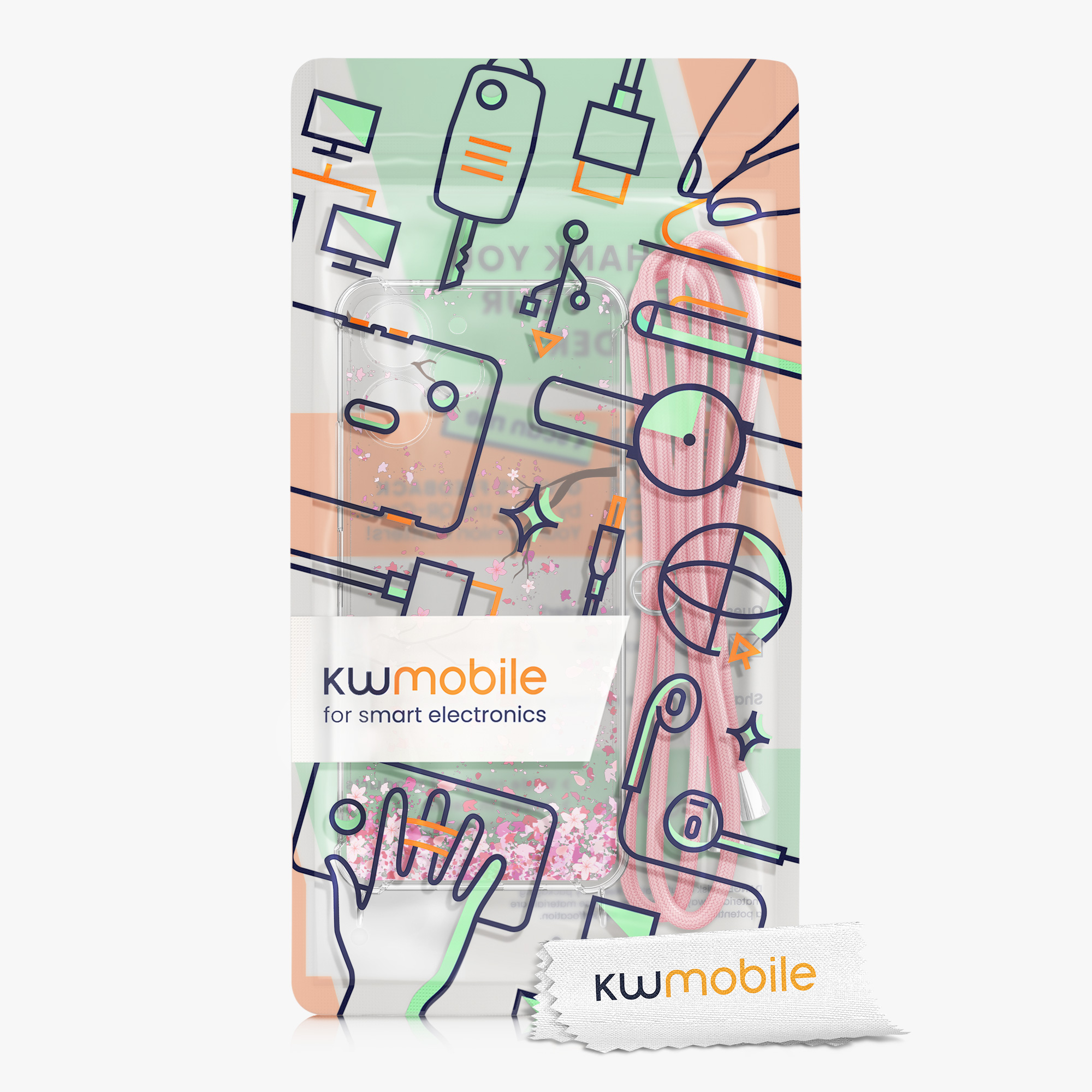 Kryt Xiaomi Redmi 12 crossbody popruh třešňové květy - růžová/tmavě hnědá kwmobile