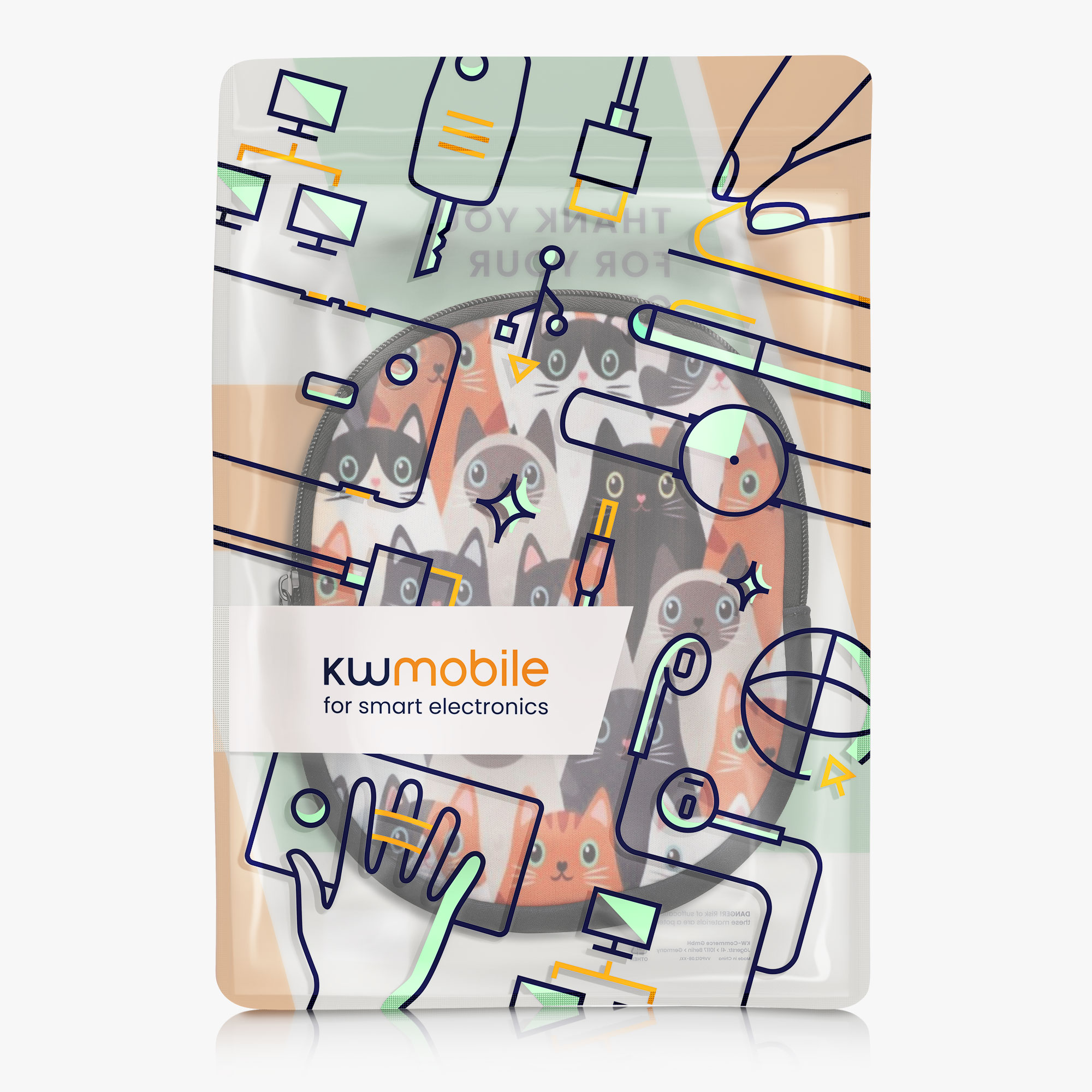 Pouzdro kwmobile na sluchátka Sony WH-CH520 / WH-CH510 / MDR-ZX110 - motiv kočky, oranžová / černá / bílá
