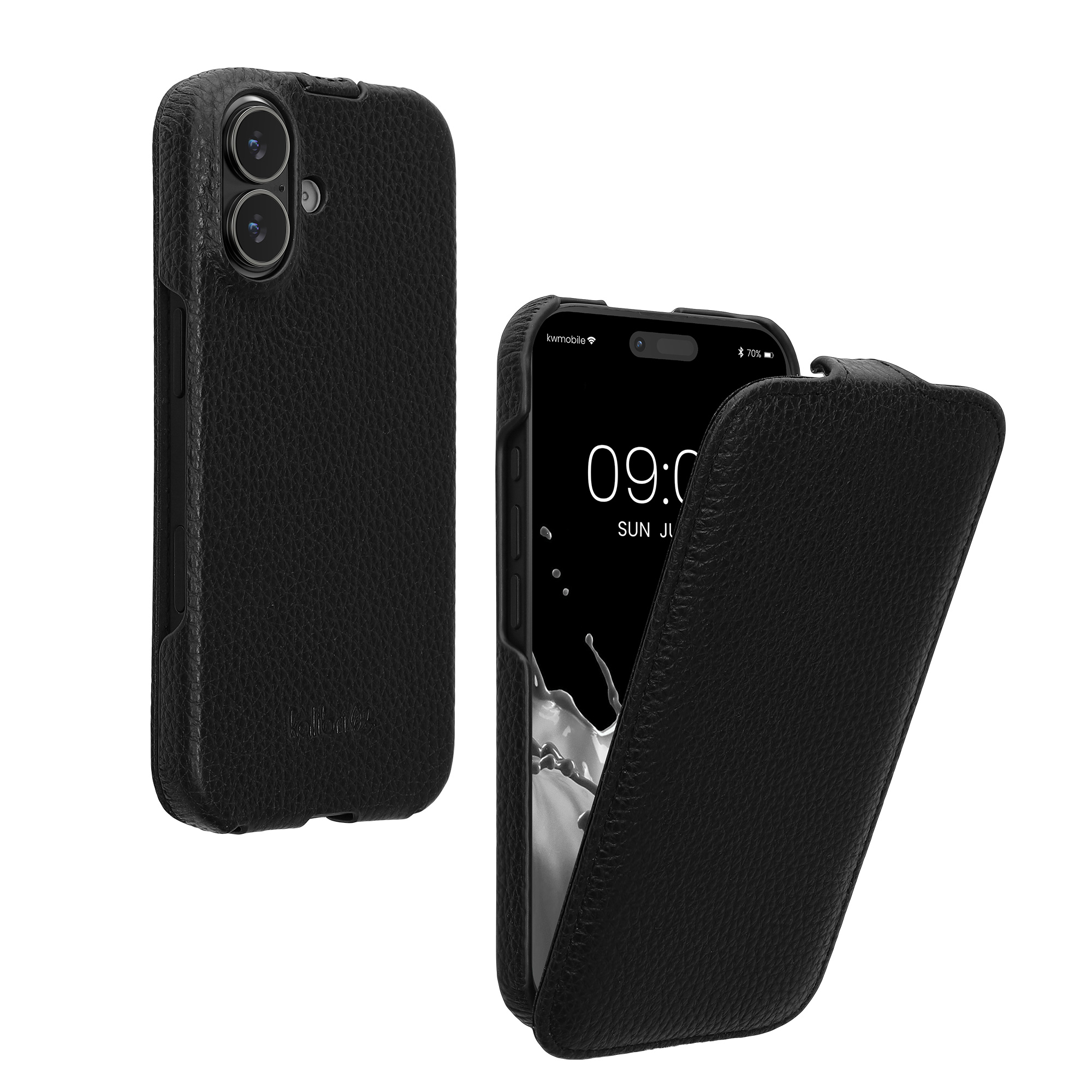 Ultra tenké kožené flipové pouzdro pro Apple iPhone 17 s otevíráním dolů kalibri ‑ černá