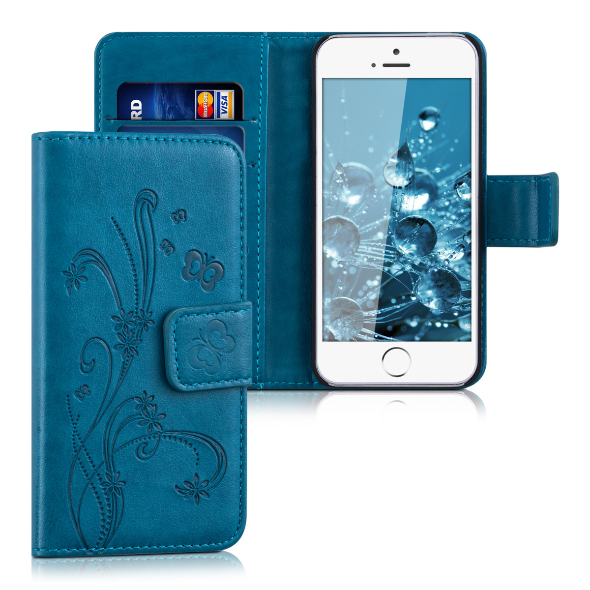 Flipové pouzdro kwmobile pro iPhone SE (1. generace 2016) / iPhone 5 / iPhone 5S - motýlí úponky tmavě modré