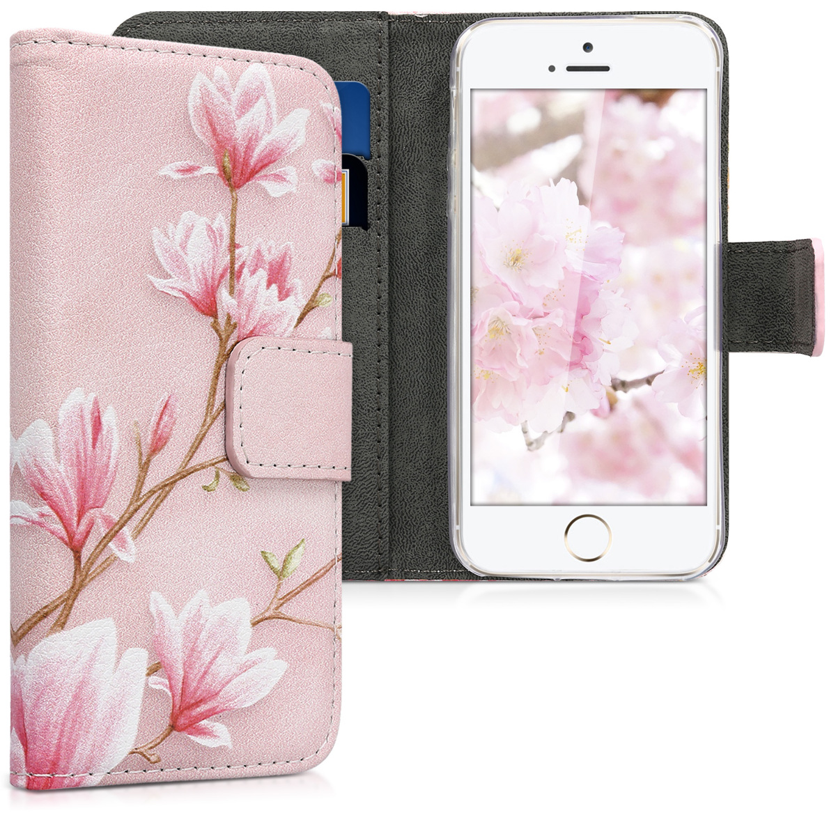 Flipové pouzdro kwmobile pro iPhone SE (1. generace 2016) / iPhone 5 / iPhone 5S - magnólie růžová / bílá / pudrově růžová