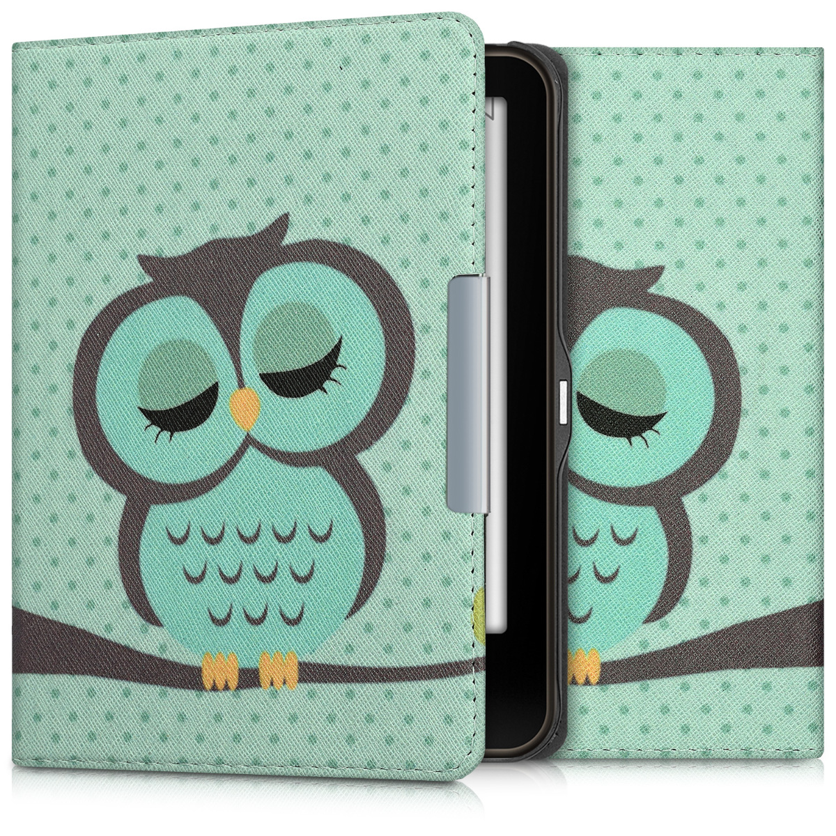 Pouzdro na čtečku kwmobile pro Tolino Vision 1 / 2 / 3 / 4 HD - motiv Sleeping Owl, tyrkysová / hnědá / mint