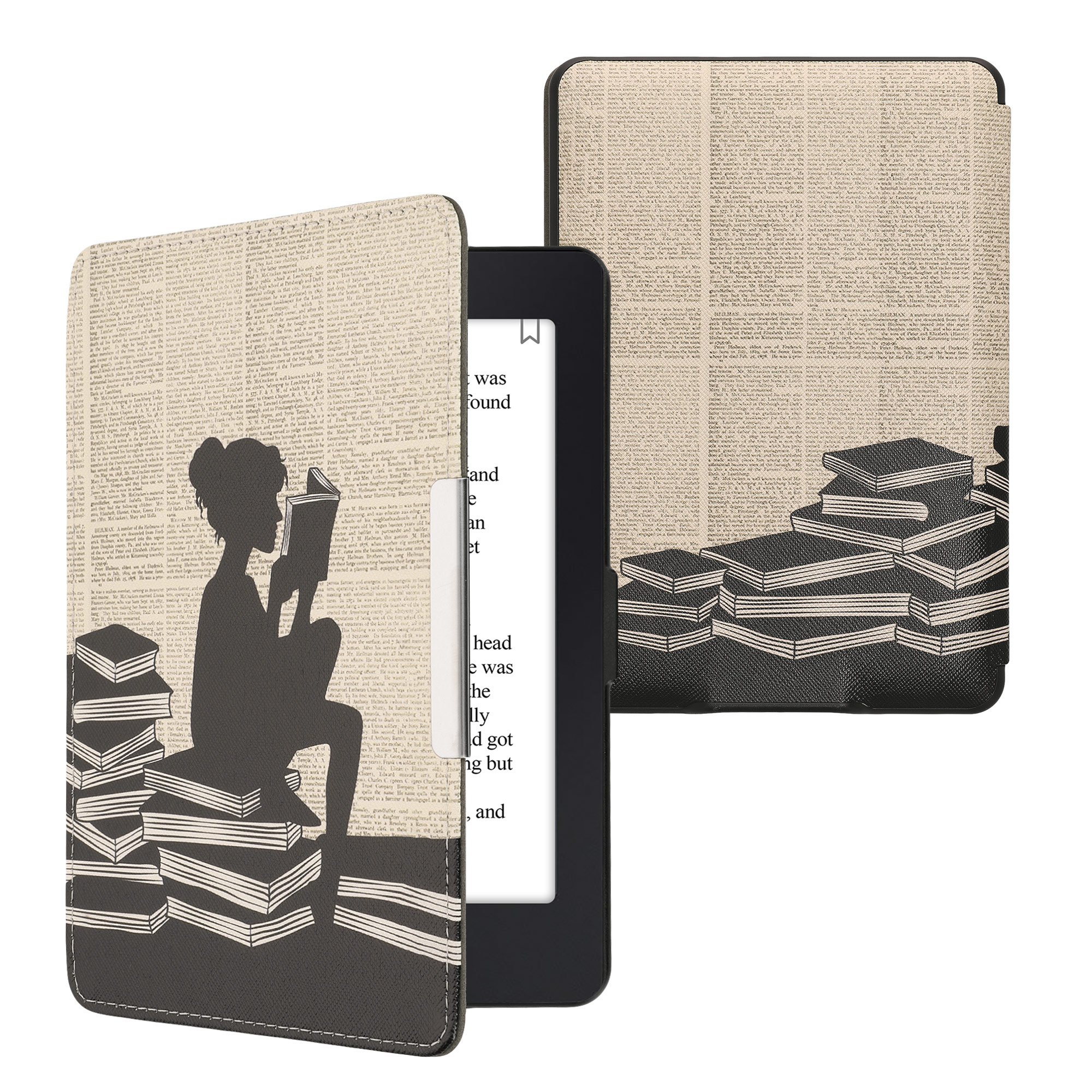 Pouzdro na čtečku kwmobile Kindle Paperwhite - Girl and Books - černá / béžová