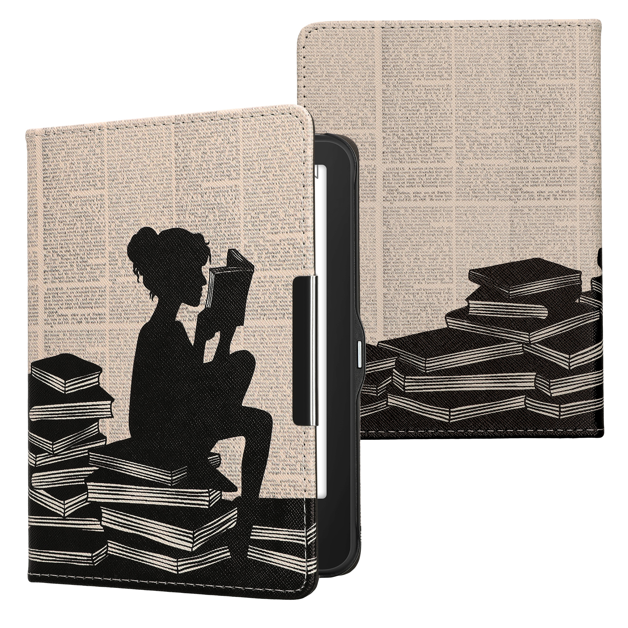Pouzdro na čtečku kwmobile pro Tolino Vision 1 / 2 / 3 / 4 HD - motiv Girl and Books, černá / béžová