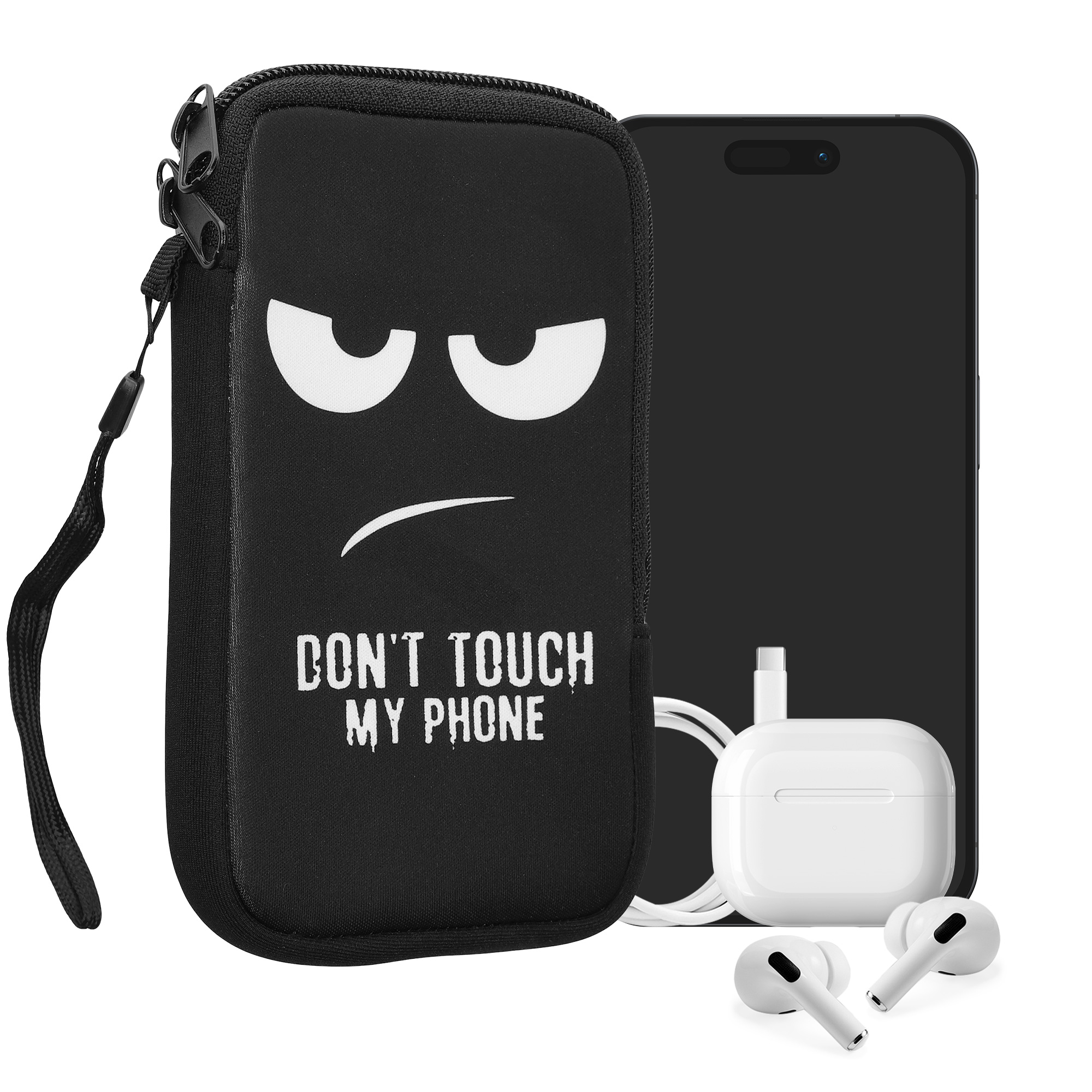 kwmobile univerzální pouzdro na mobil L 6.5", neopren, Don't Touch My Phone bílá / černá