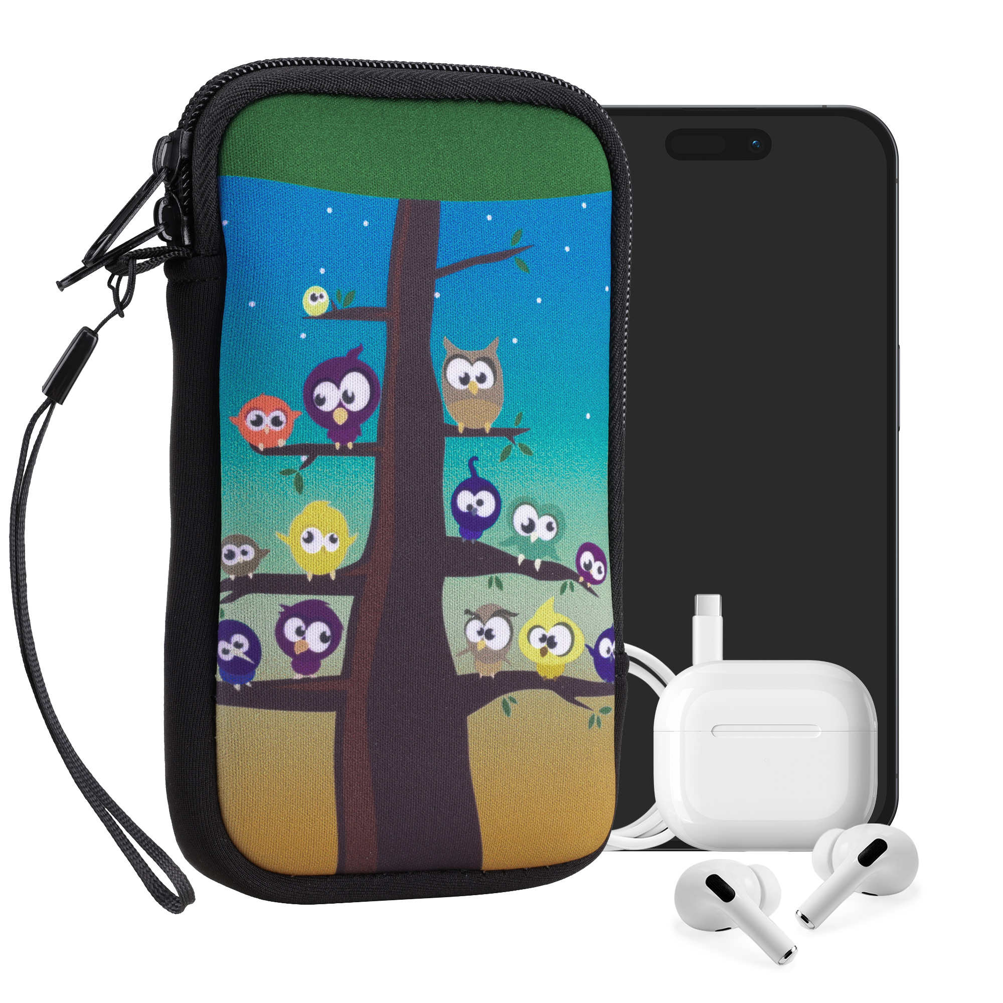 kwmobile univerzální pouzdro na mobil L 6.5", neopren, owls tree vícebarevná / modrá / hnědá