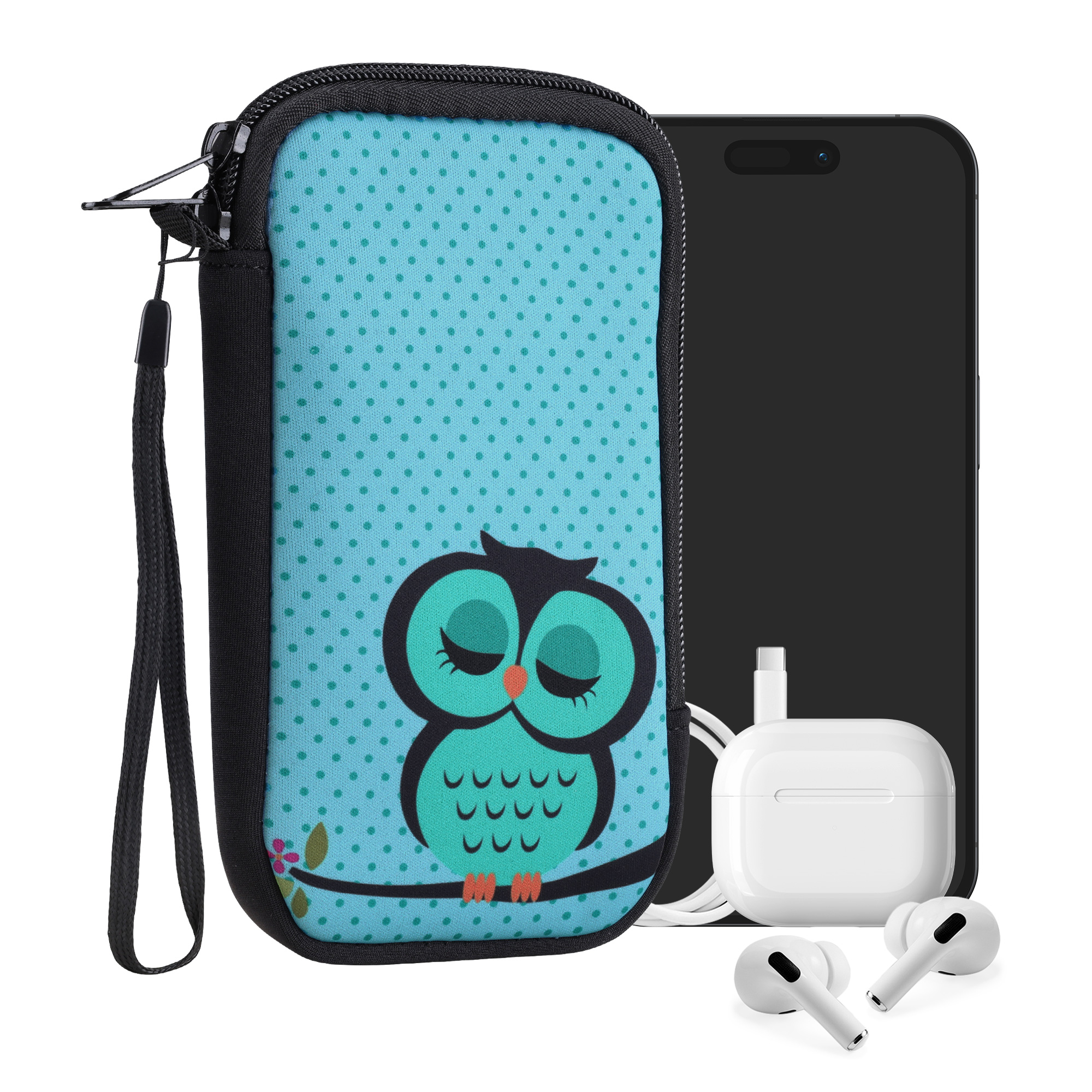 kwmobile univerzální pouzdro na mobil L 6.5", neopren, Sleeping Owl tyrkysová / hnědá / mint
