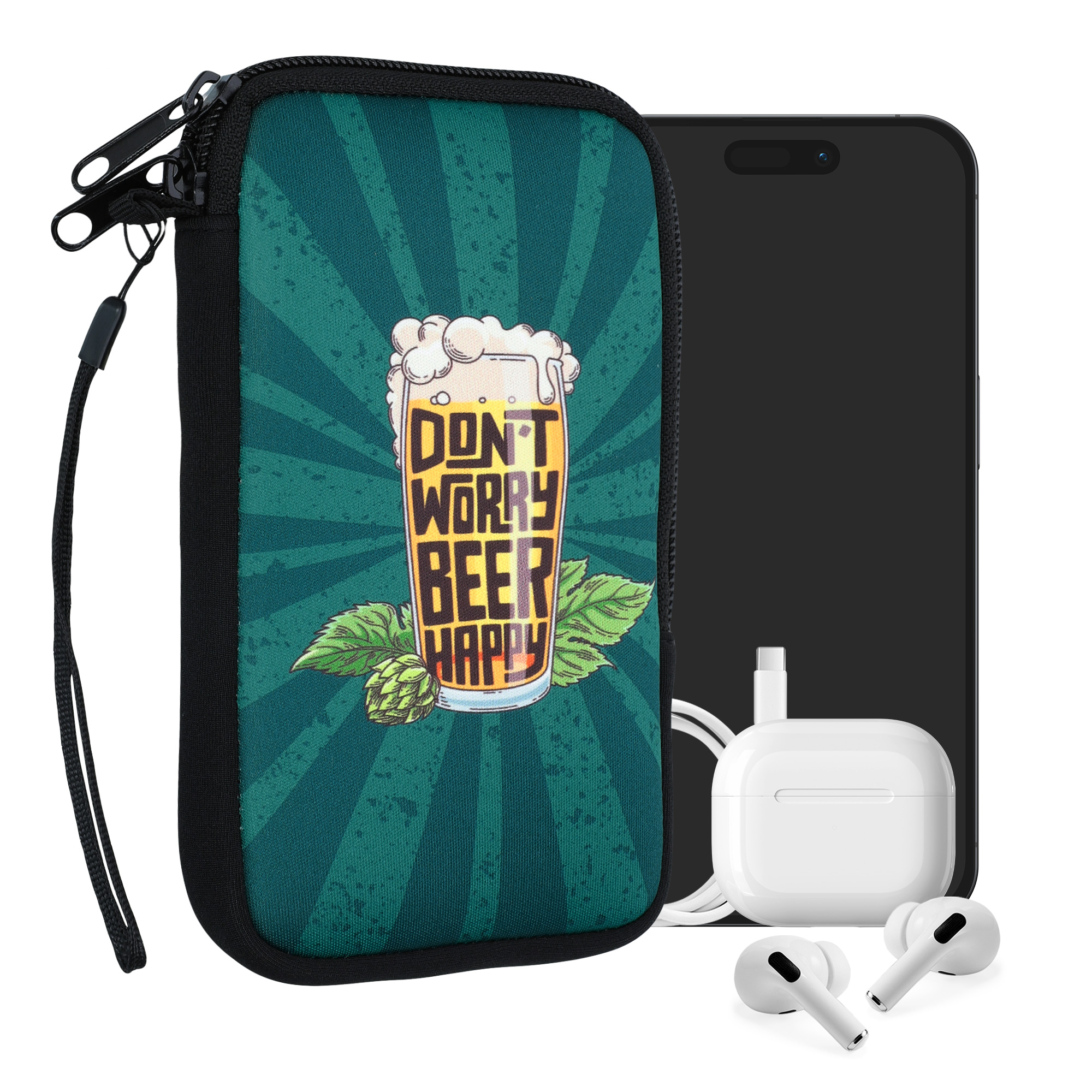 kwmobile univerzální pouzdro na mobil L 6.5", neopren, Don't Worry Beer Happy oranžová / zelená / petrol