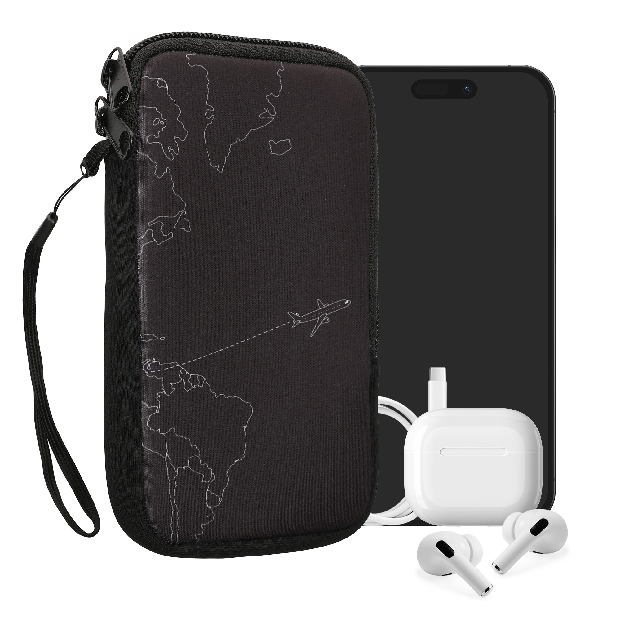 kwmobile univerzální pouzdro na mobil L 6.5", neopren, Travel & Explore bílá / černá