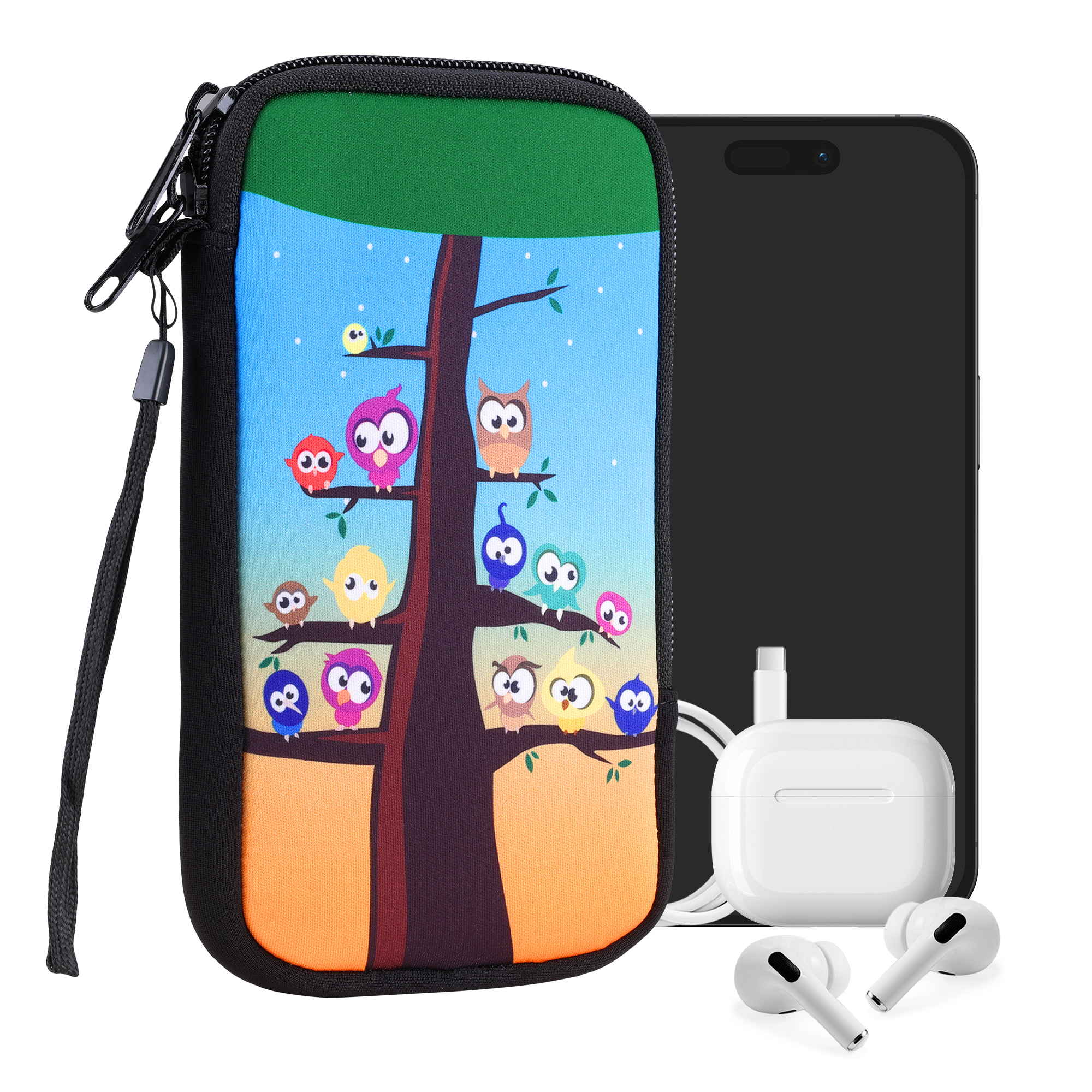 Univerzální pouzdro kwmobile na mobil XL 6,7/6,8" (17,2 x 8,4 cm) - motiv sovy na stromě, vícebarevná / modrá / hnědá