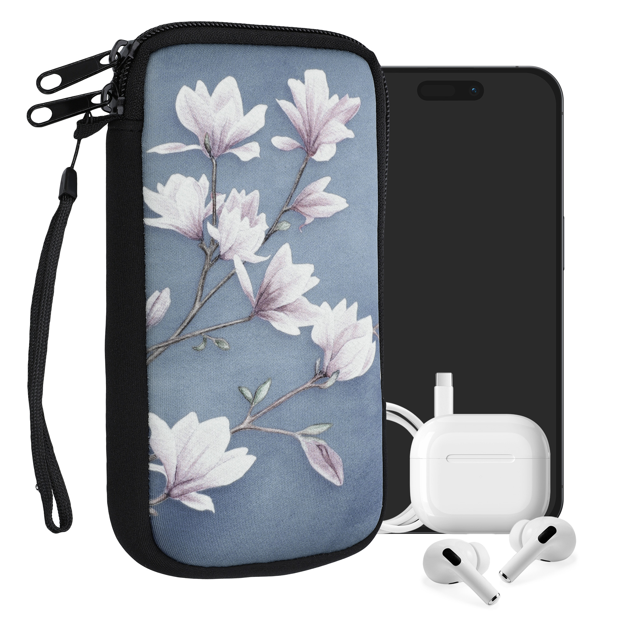 Univerzální pouzdro na mobil kwmobile - XL - 17,2 x 8,4 cm (6.7/6.8") - motiv magnólie - taupe / bílá / modrošedá
