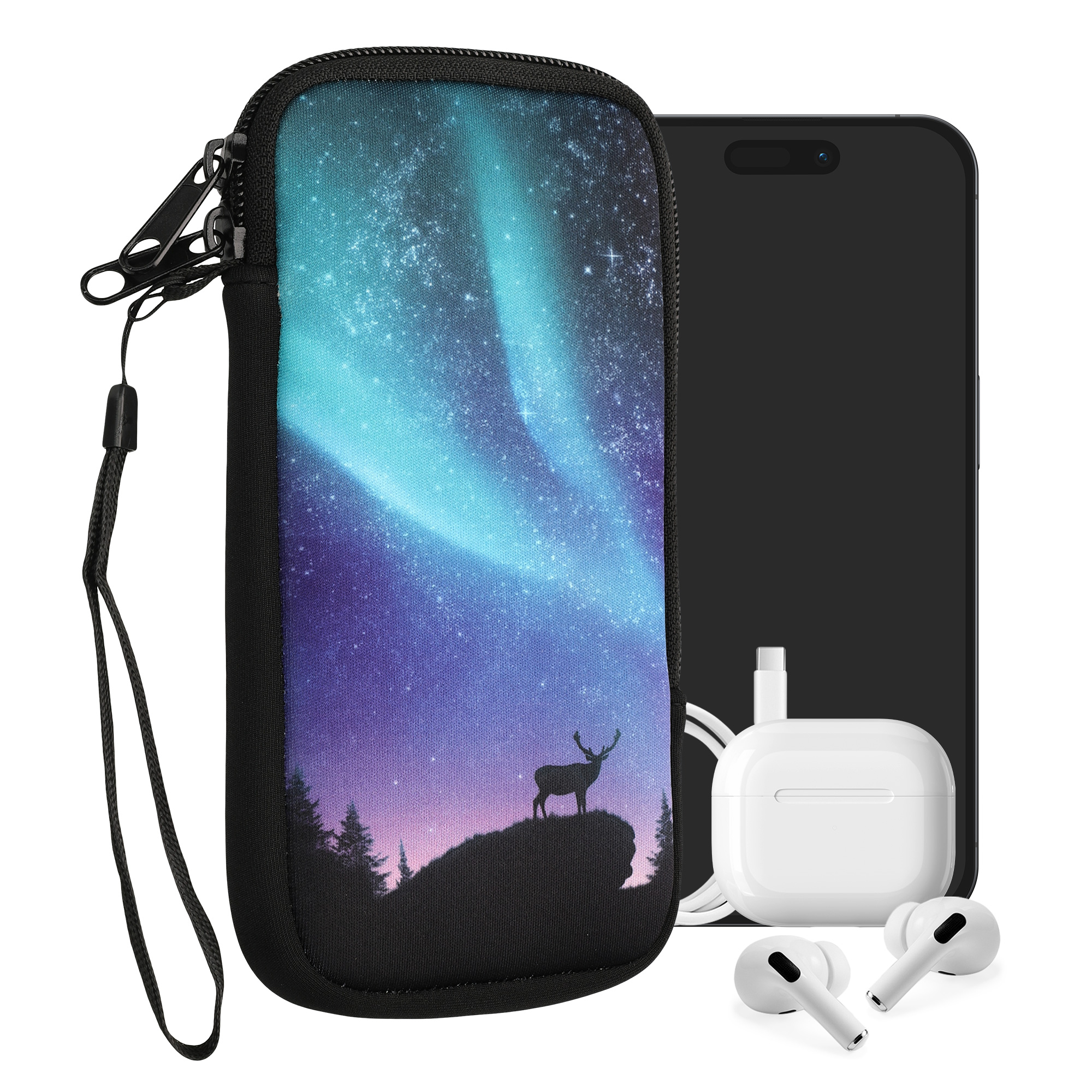 Univerzální pouzdro na mobil kwmobile - XL - 17,2 x 8,4 cm (6.7/6.8") - motiv aurora - tyrkysová / modrá / černá